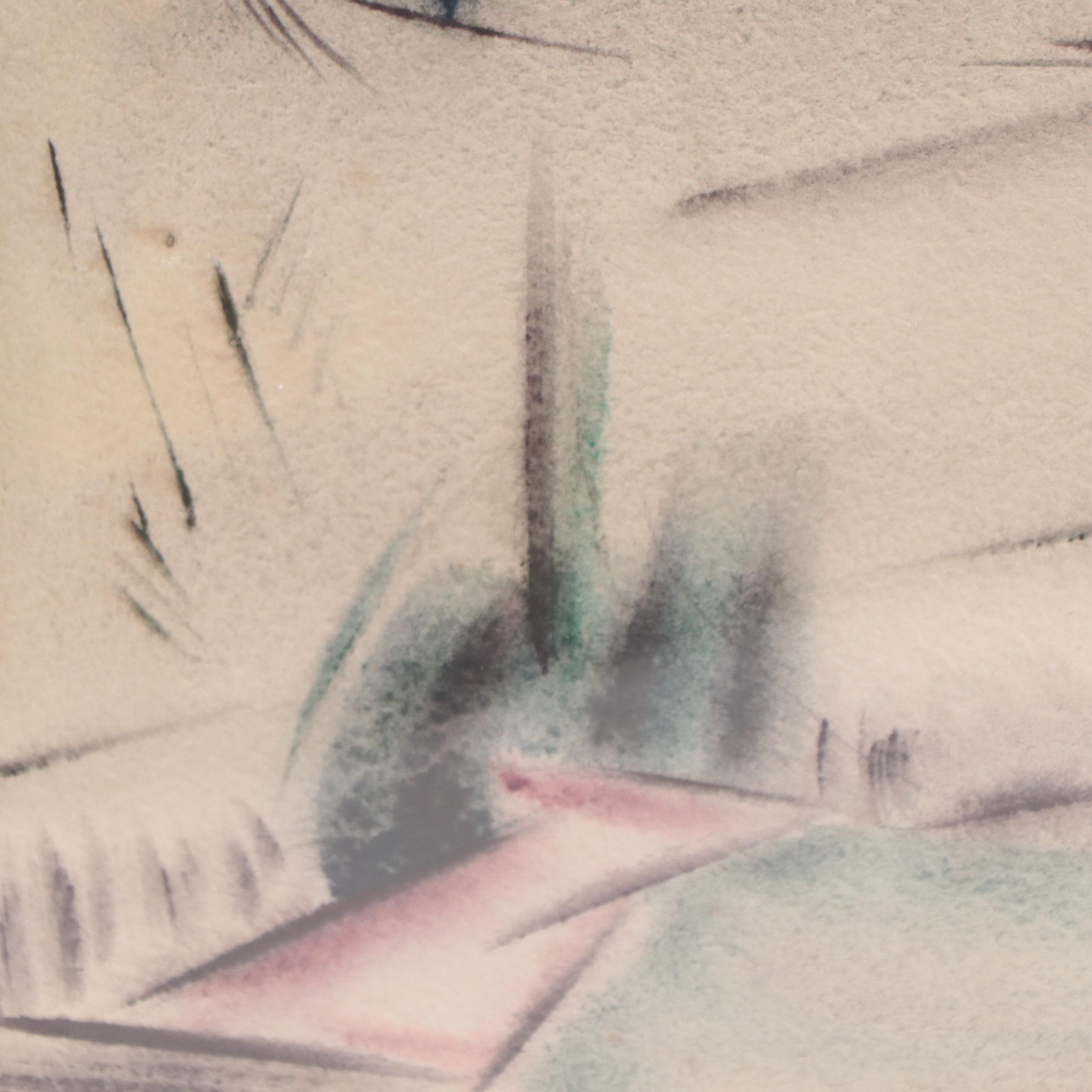 Yngve H. Olsen Modernist Watercolor Painting of Landscape, Mid-20th Century