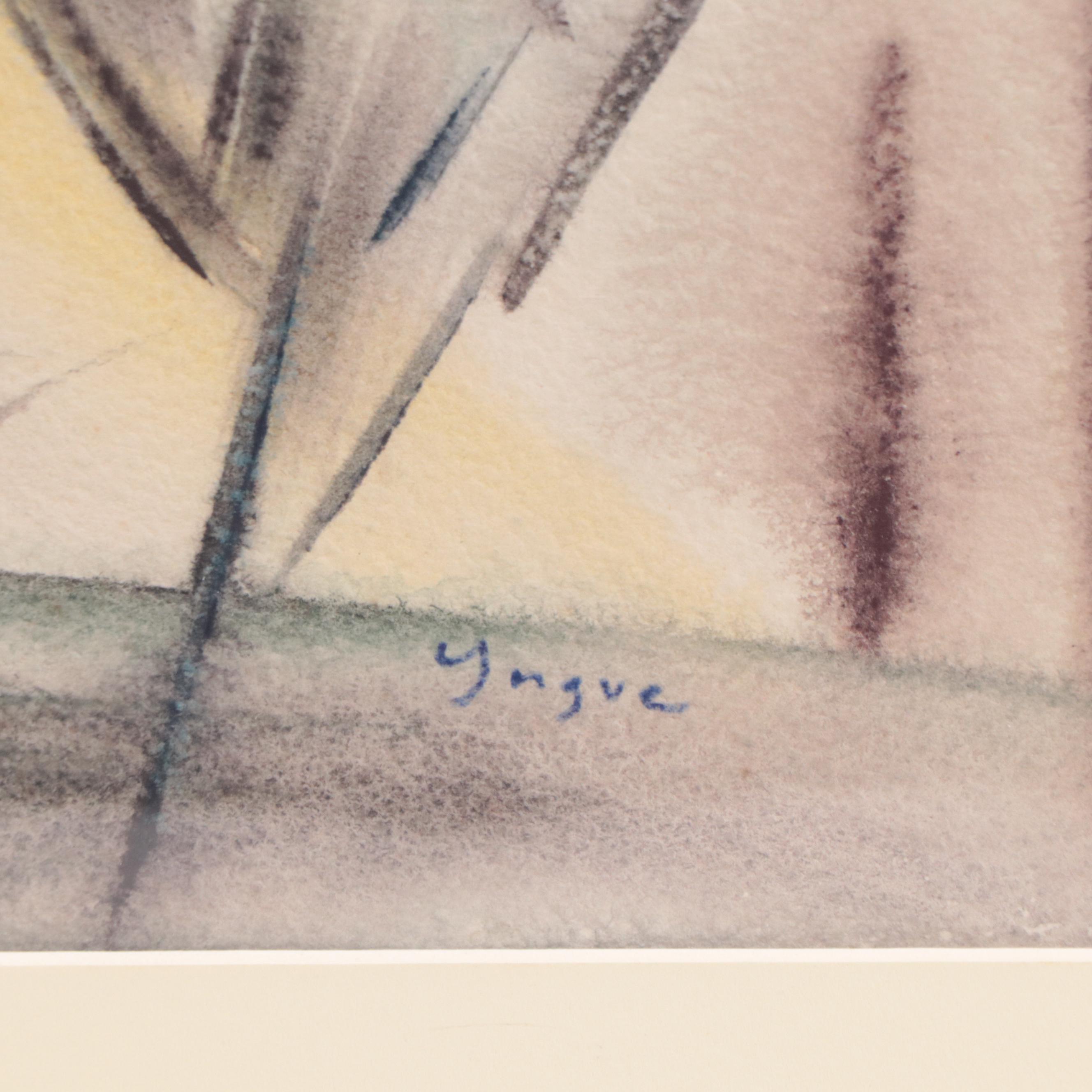 Yngve H. Olsen Modernist Watercolor Painting of Landscape, Mid-20th Century