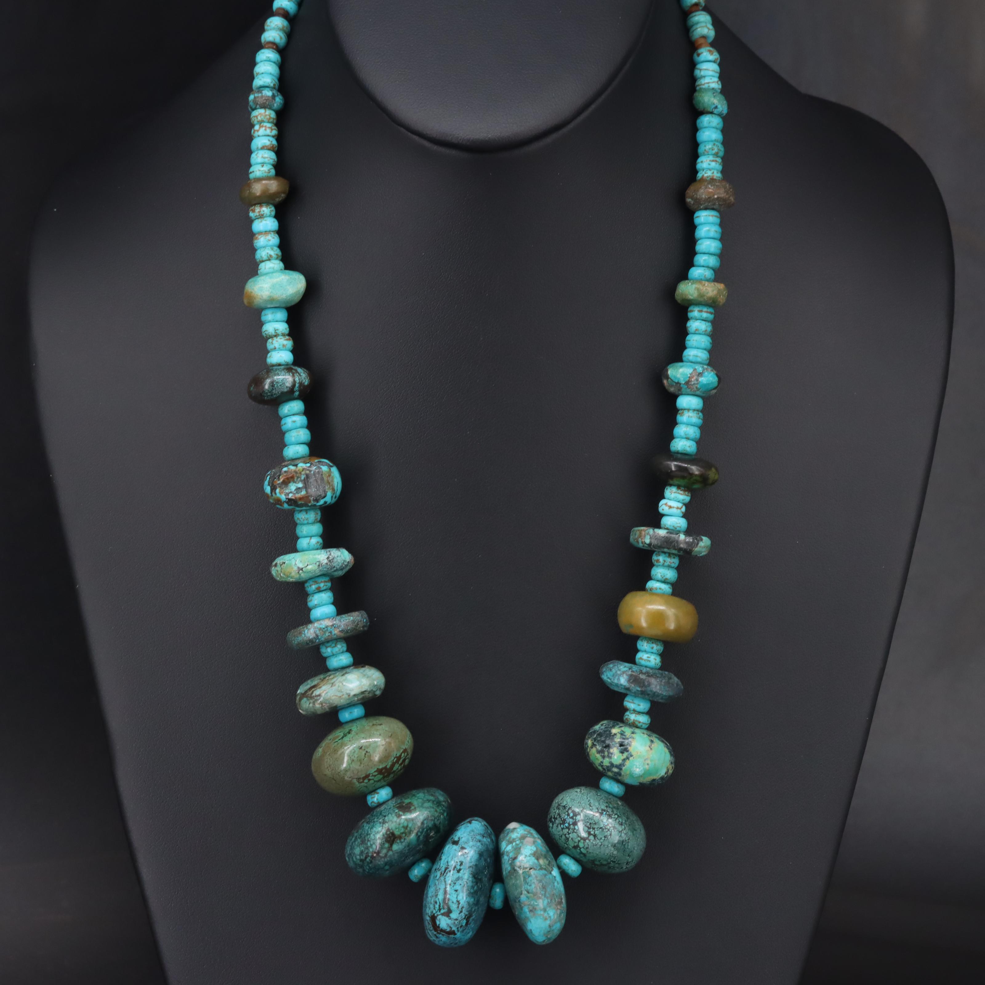 Sterling Graduated Turquoise, Howlite and Shell Beaded Necklace
