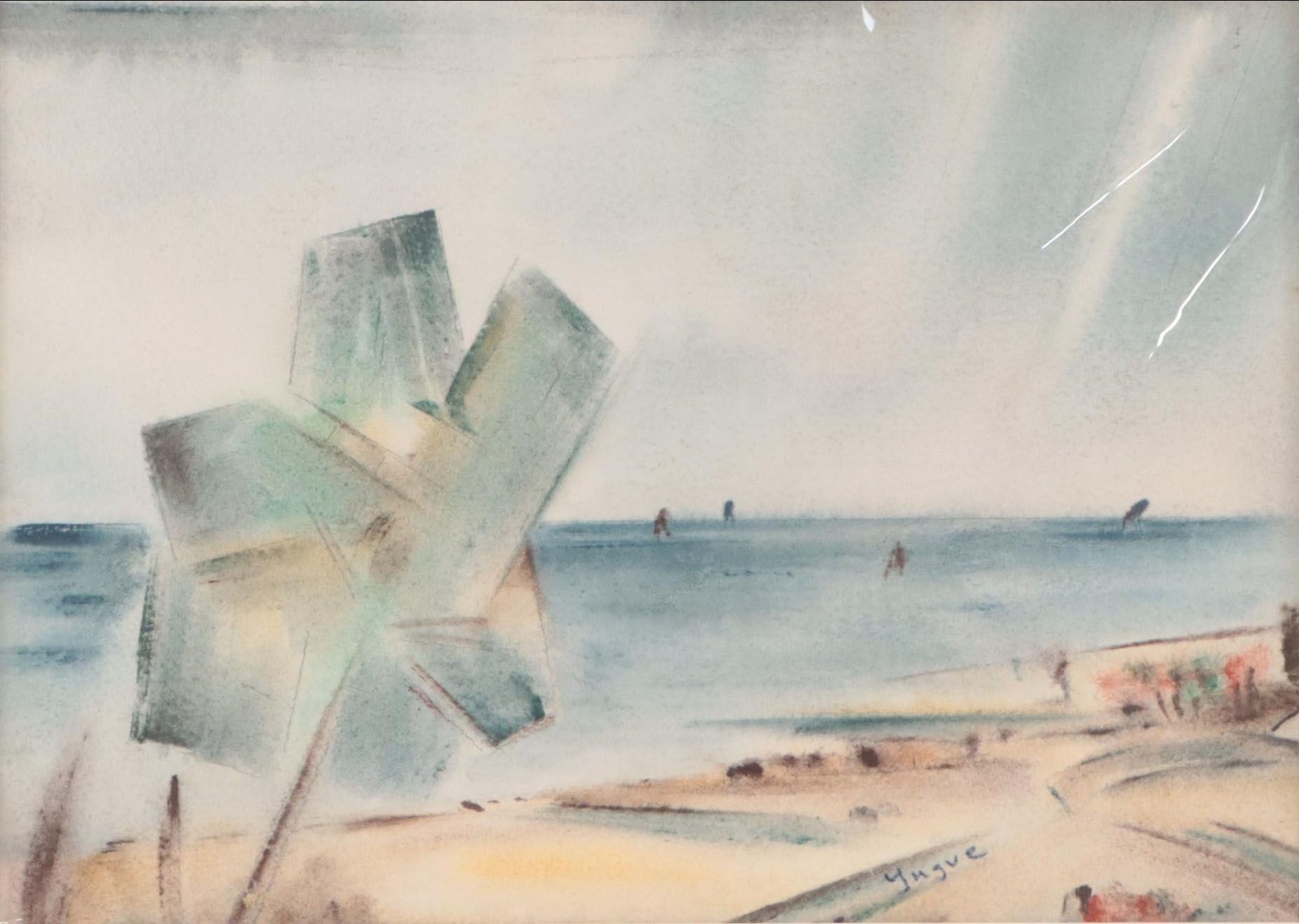 Yngve H. Olsen Double-Sided Watercolor Painting of Beach Scene