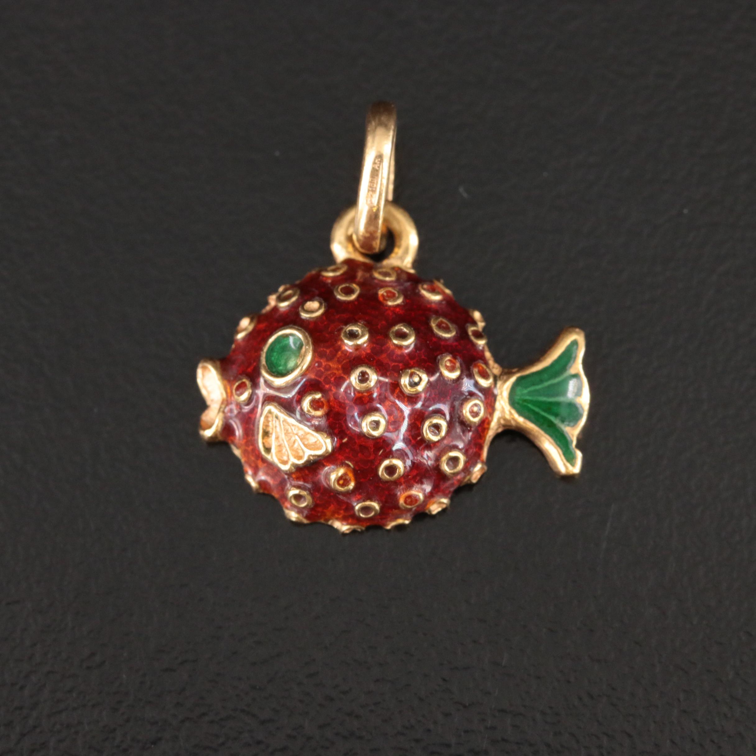 18K Enamel Puffer Fish Pendant