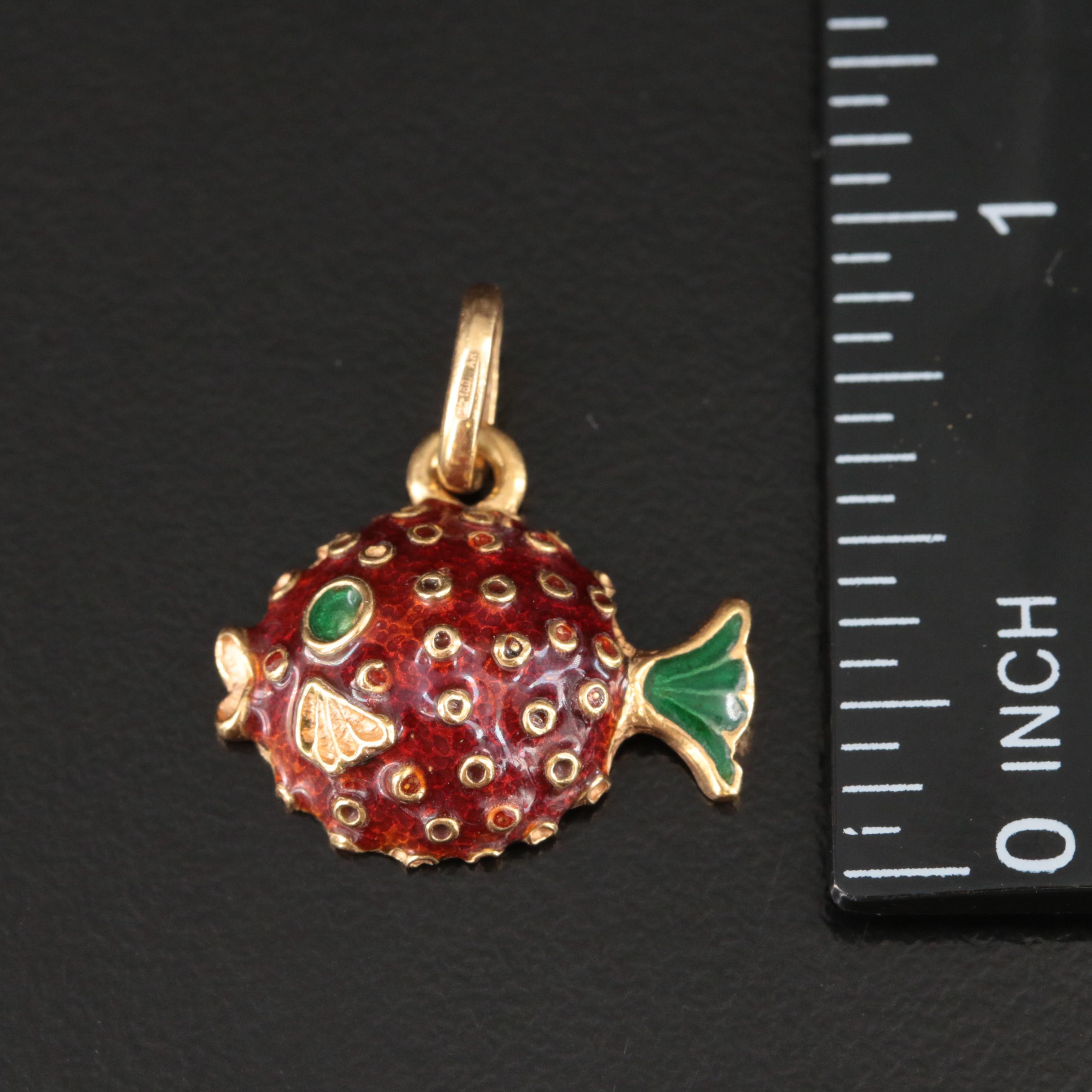 18K Enamel Puffer Fish Pendant