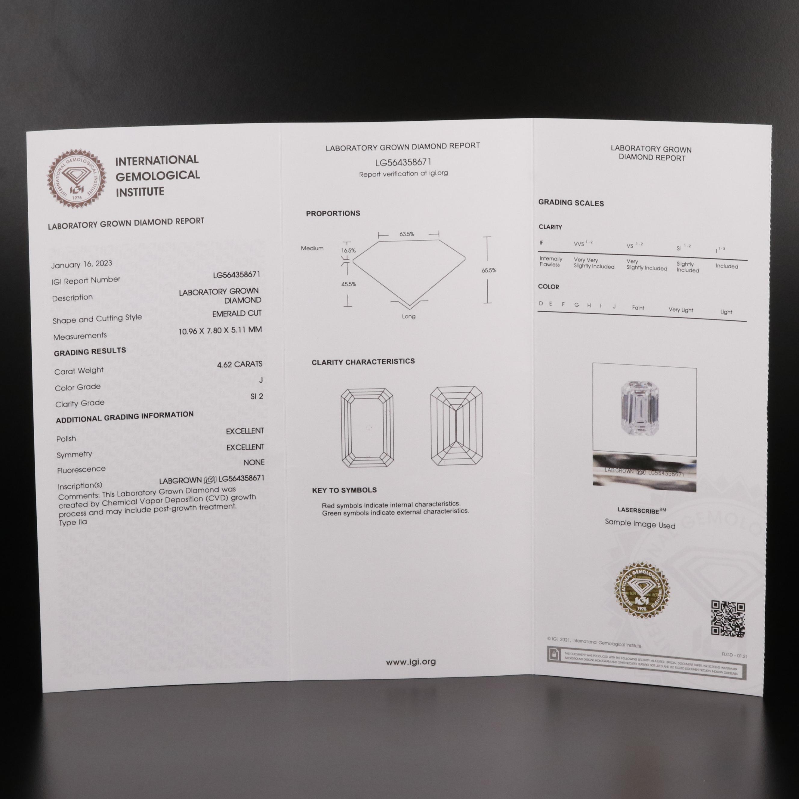 Loose 4.62 CT Lab Grown Diamond with IGI Report