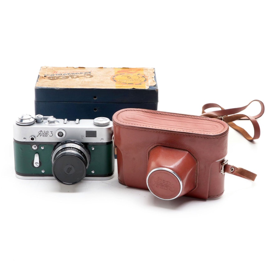 FED Model 3 35 mm Rangefinder Camera with Leather Case, Mid-20th Century