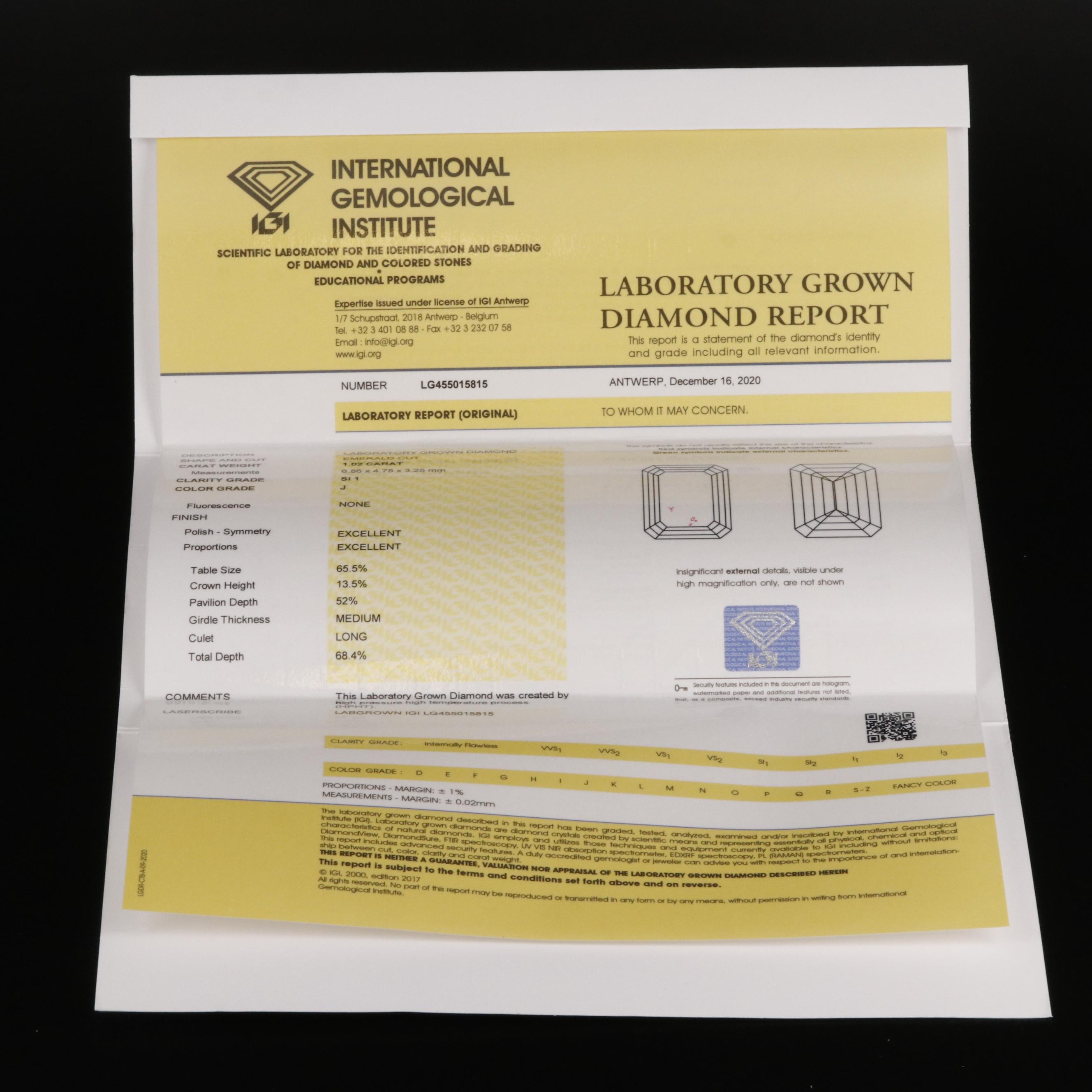 Loose 1.02 CT Lab Grown Diamond with IGI Report