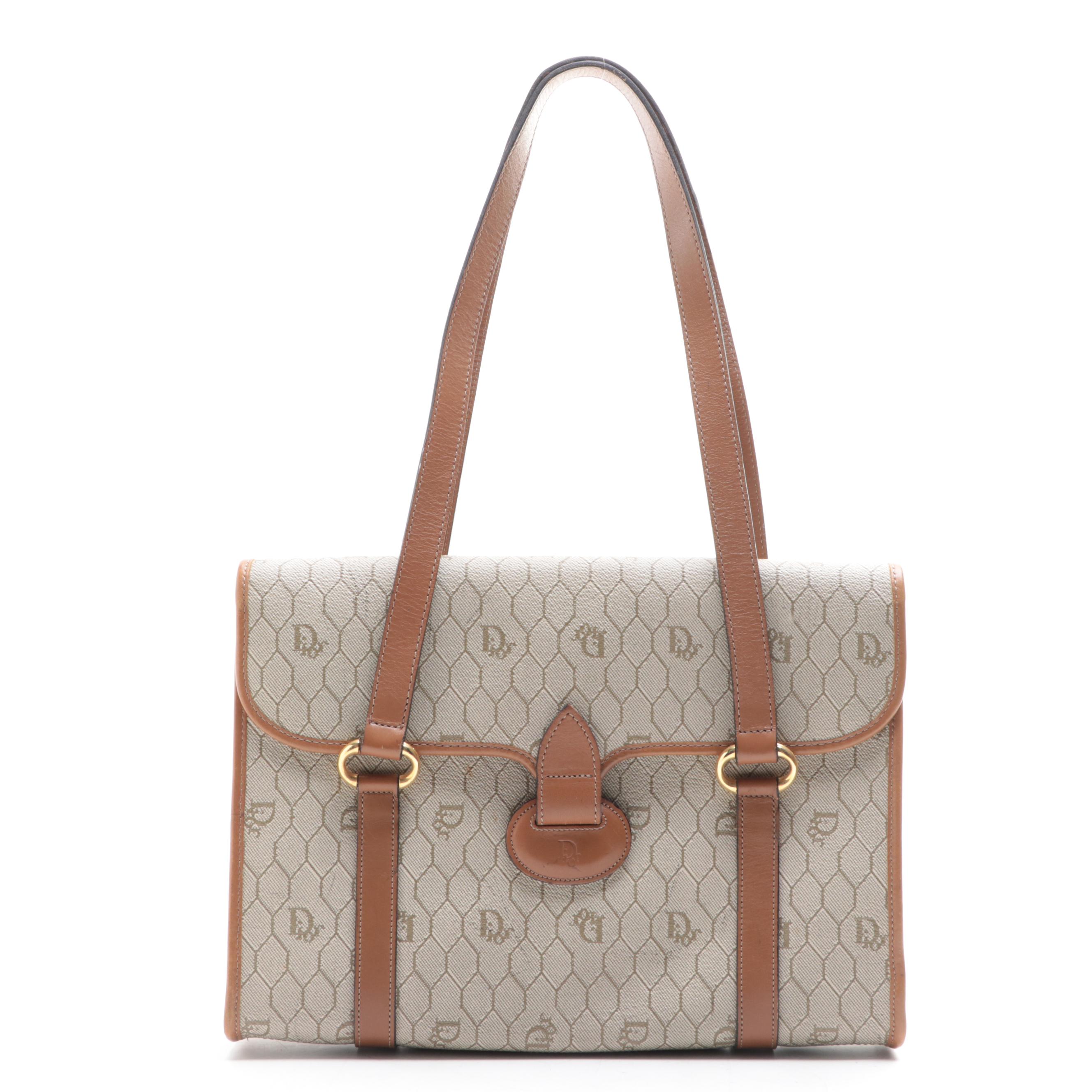 Christian Dior Small Shoulder Bag in Honeycomb Coated Canvas/Brown Leather