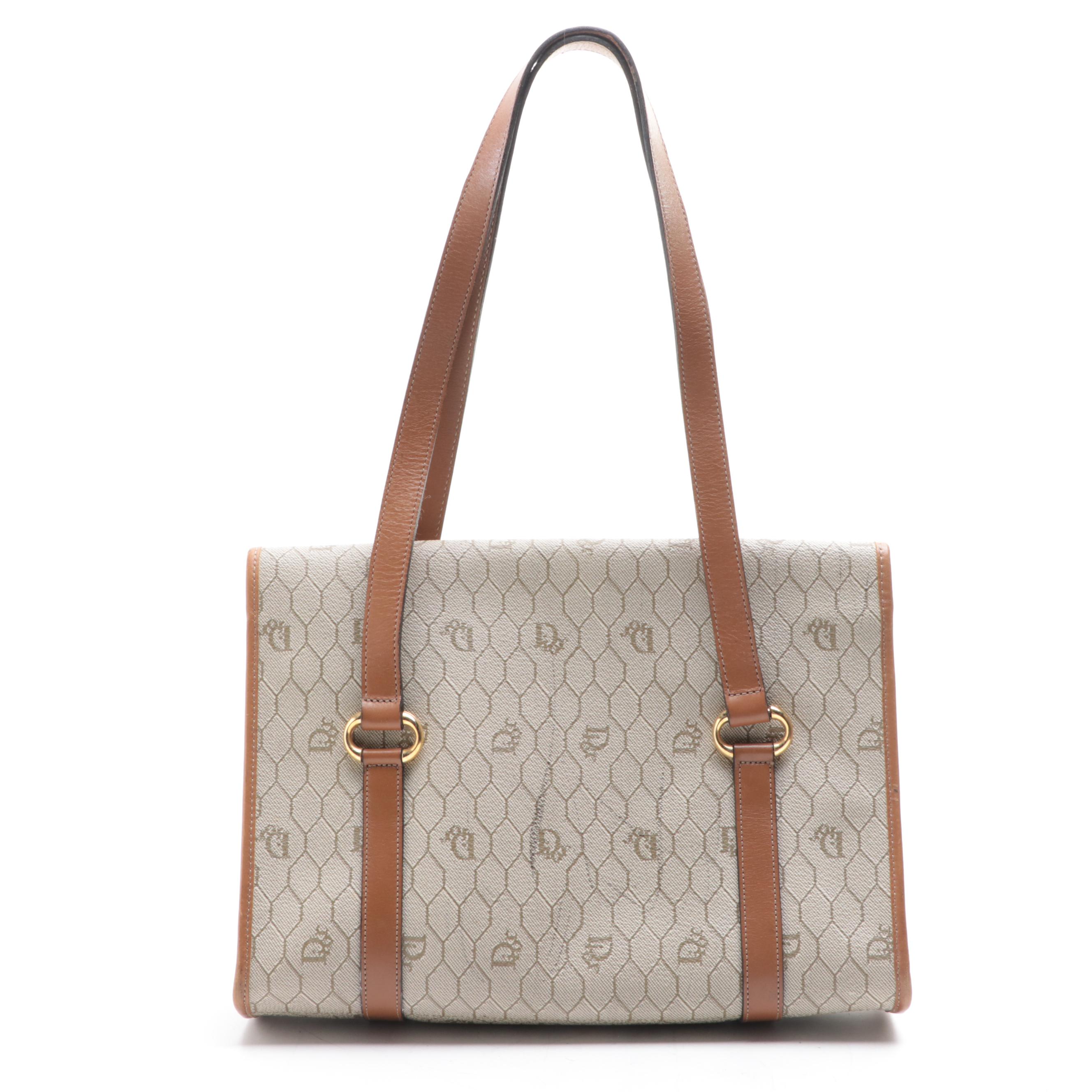 Christian Dior Small Shoulder Bag in Honeycomb Coated Canvas/Brown Leather
