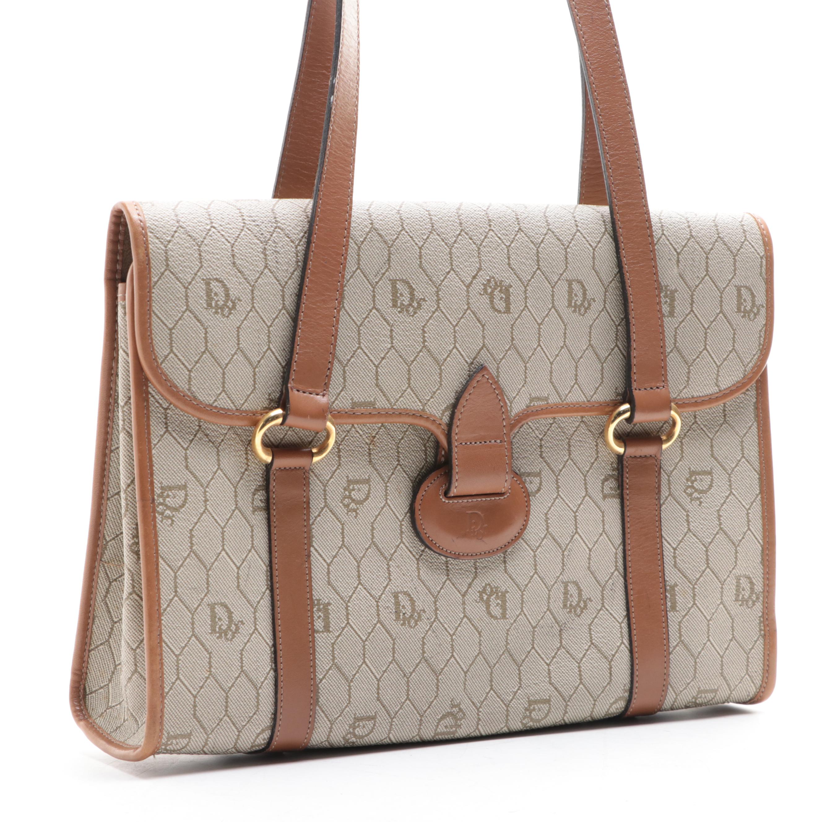 Christian Dior Small Shoulder Bag in Honeycomb Coated Canvas/Brown Leather