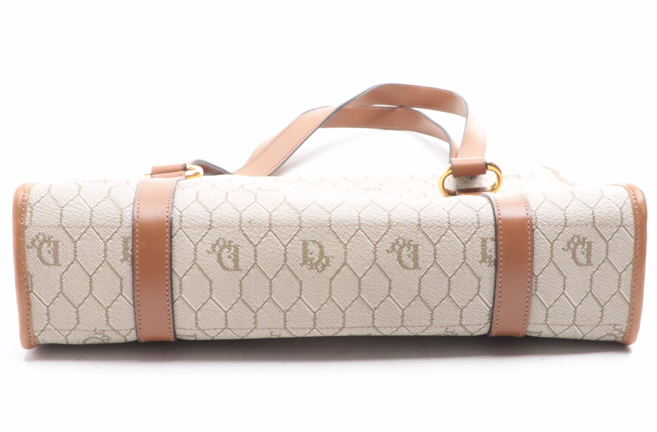 Christian Dior Small Shoulder Bag in Honeycomb Coated Canvas/Brown Leather