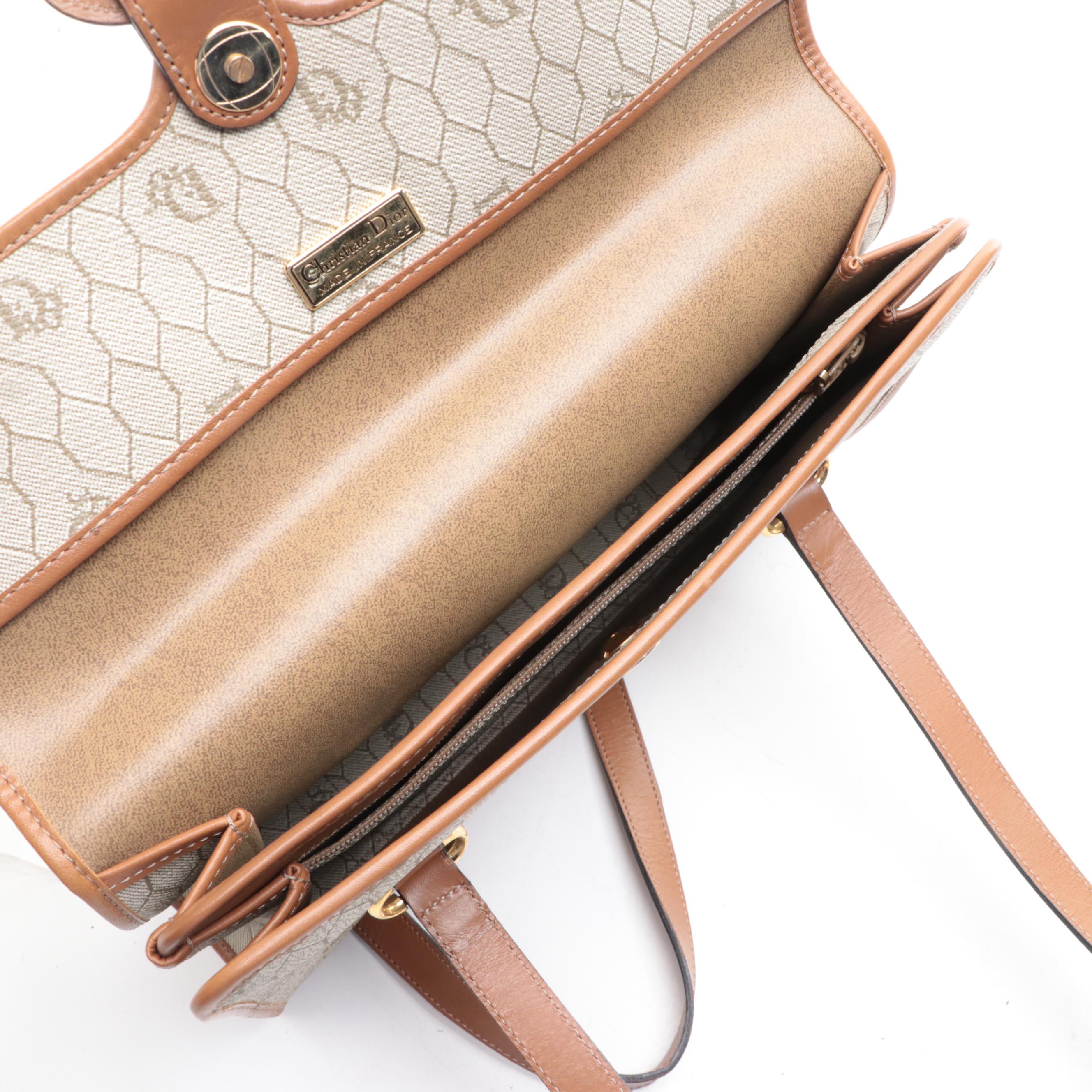 Christian Dior Small Shoulder Bag in Honeycomb Coated Canvas/Brown Leather