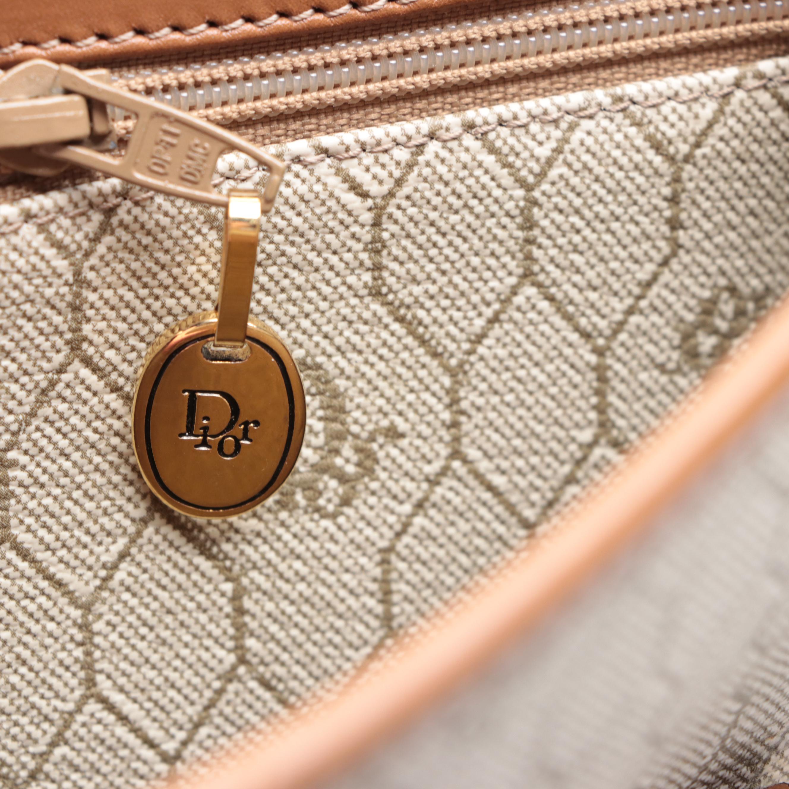 Christian Dior Small Shoulder Bag in Honeycomb Coated Canvas/Brown Leather