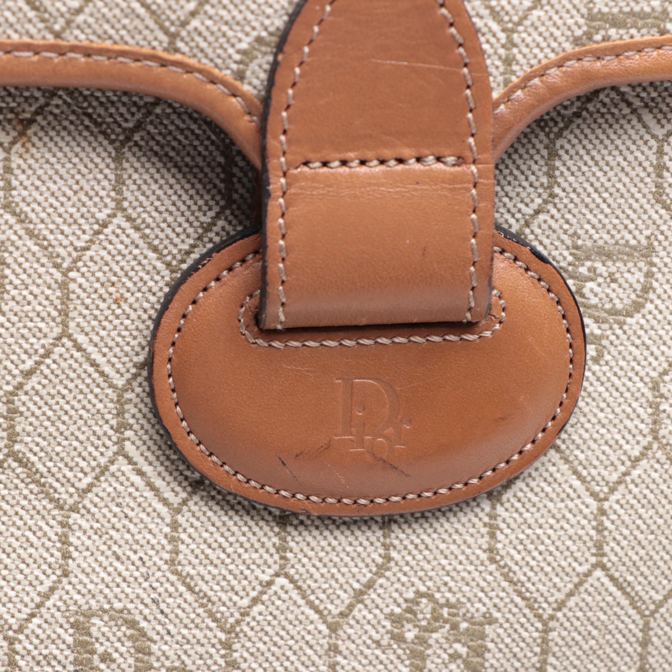 Christian Dior Small Shoulder Bag in Honeycomb Coated Canvas/Brown Leather