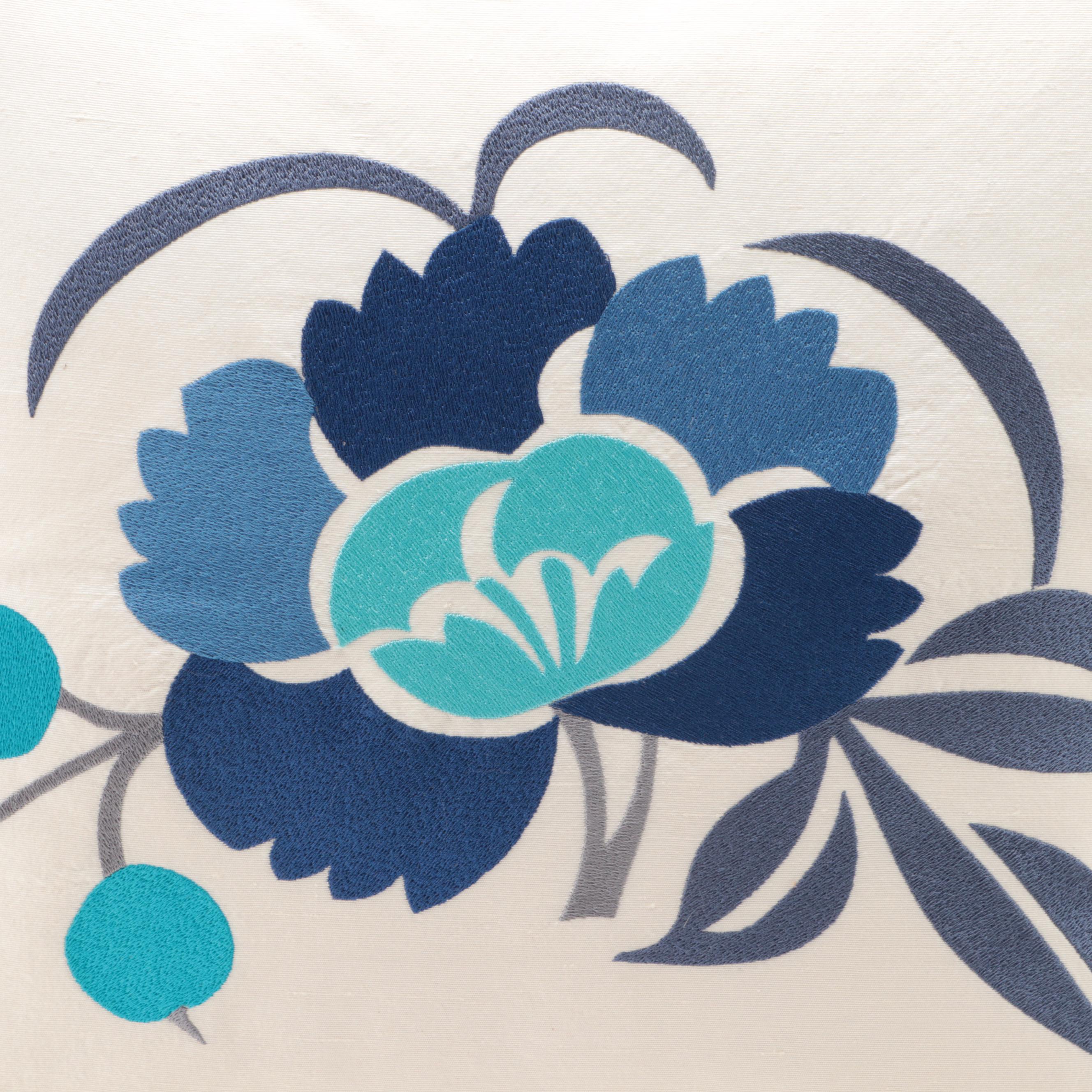 Silk Throw Pillow with Floral Embroidery and Fringe