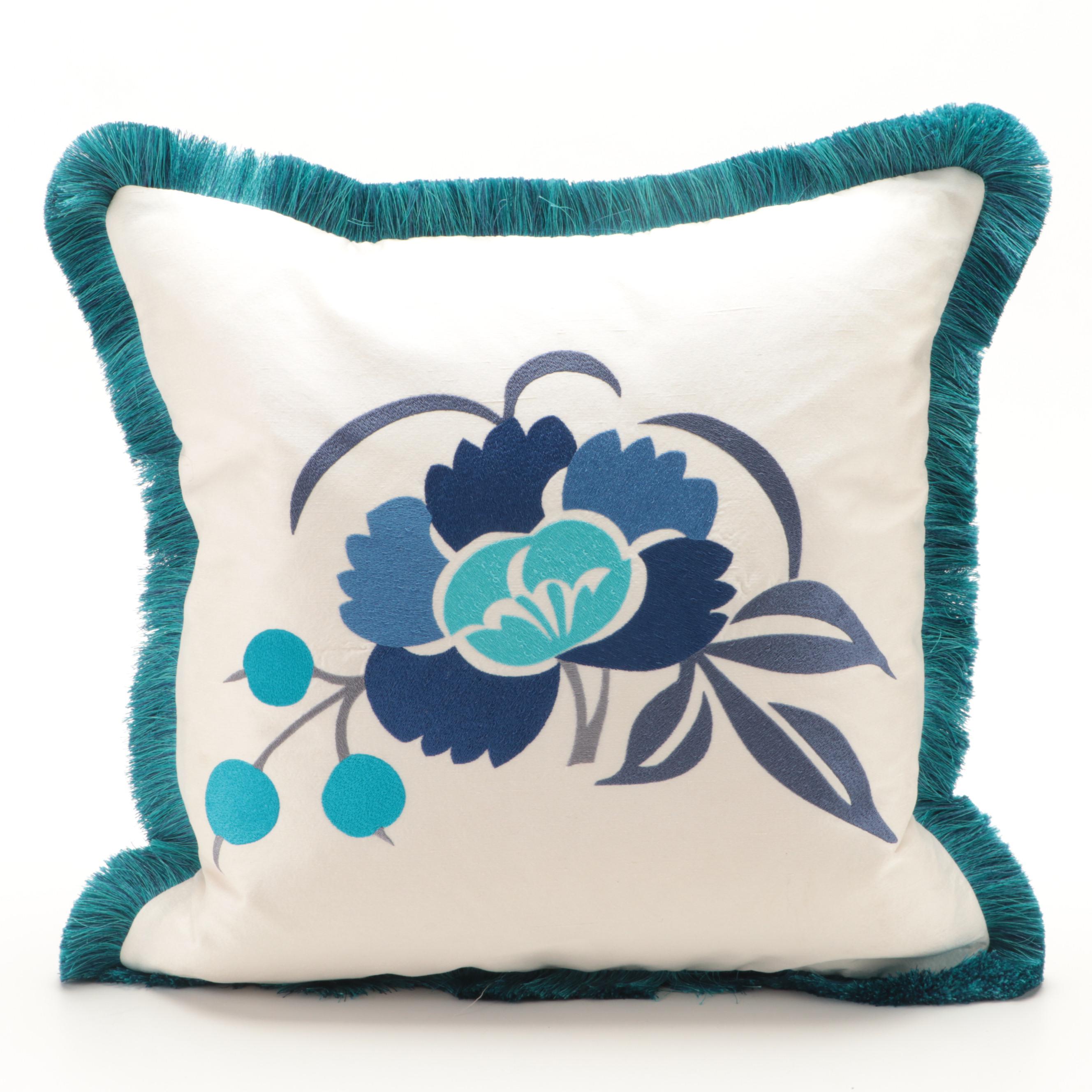 Silk Throw Pillow with Floral Embroidery and Fringe