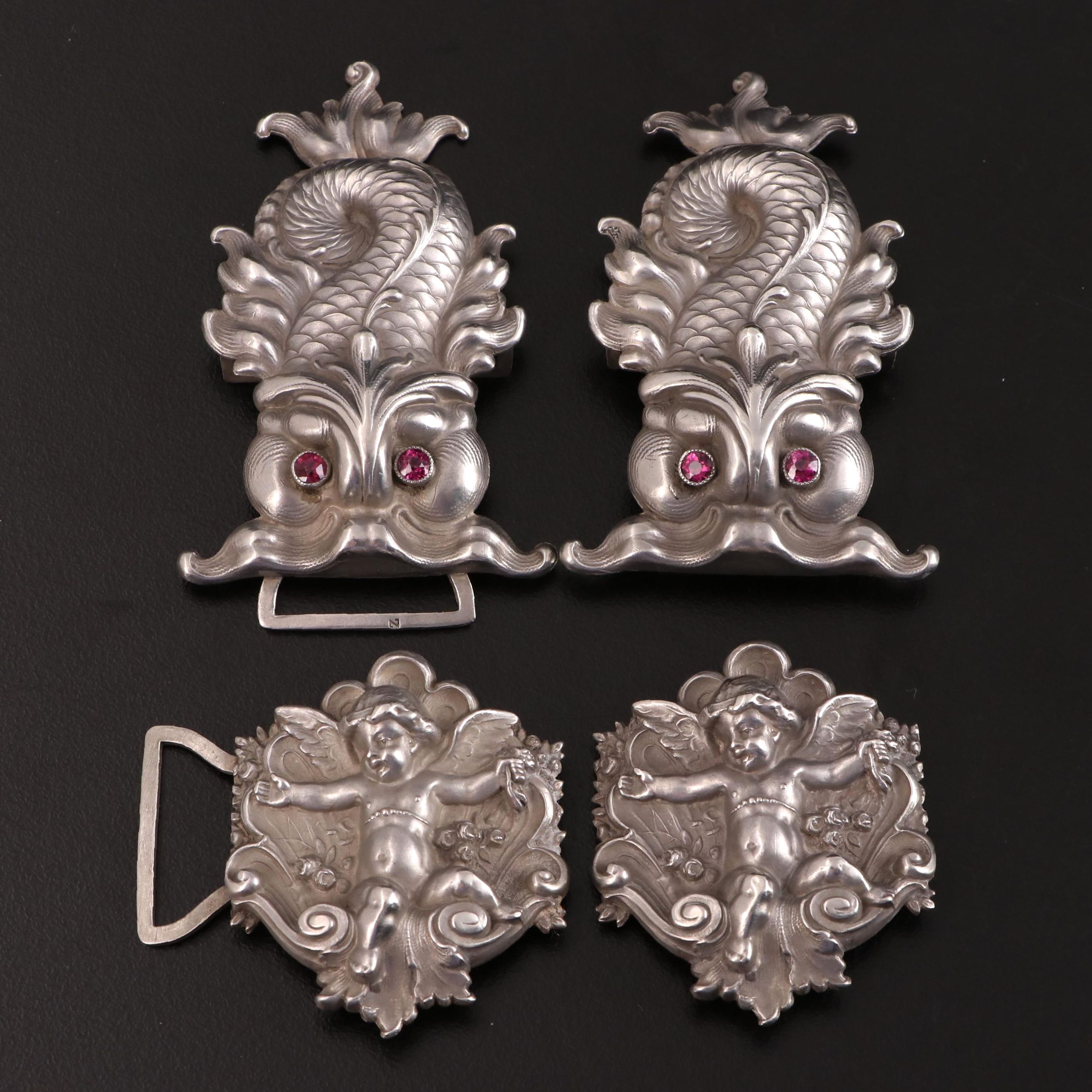 Sterling Silver Cherub and Baroque Style Dolphin Belt Buckles