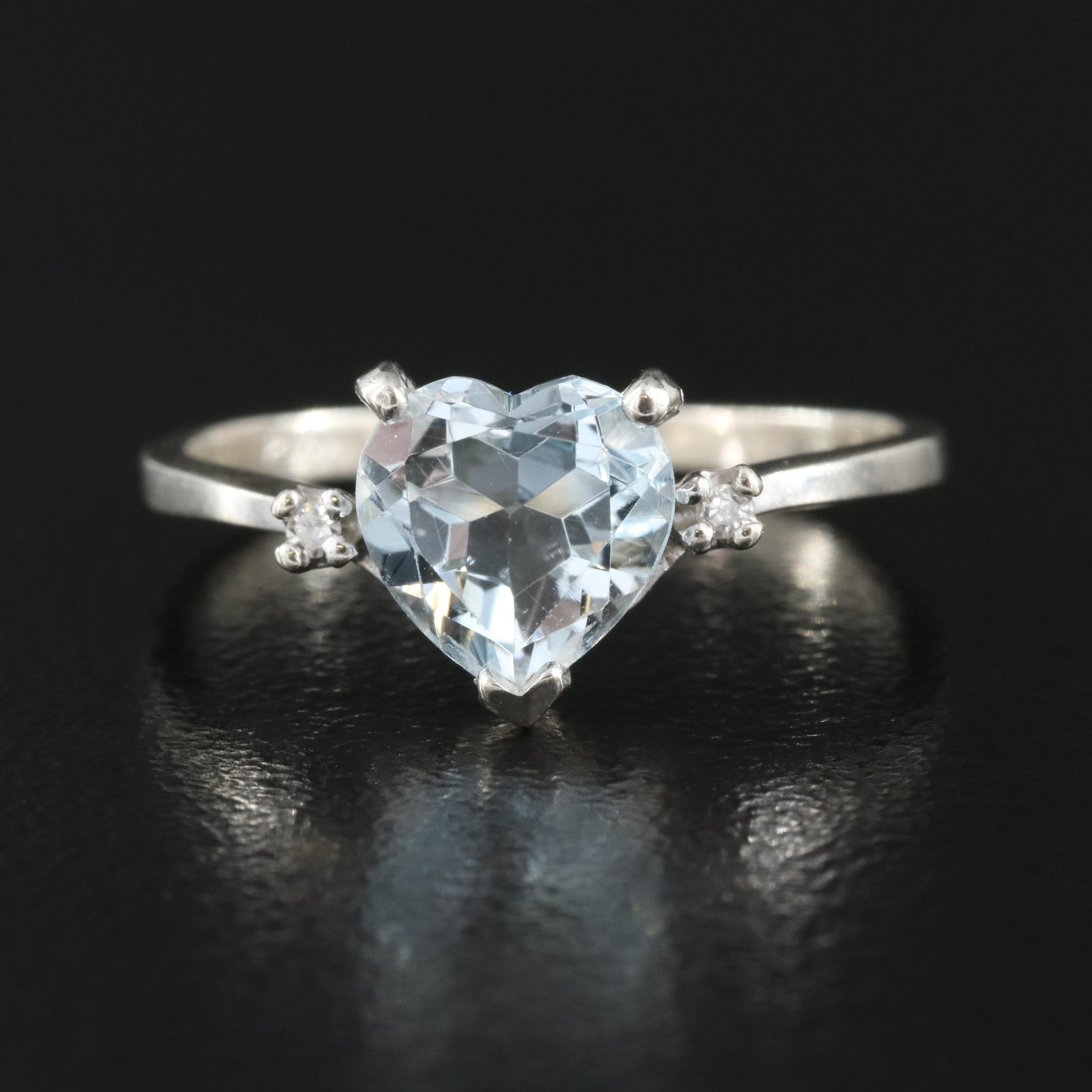 10K Aquamarine and Diamond Heart Ring