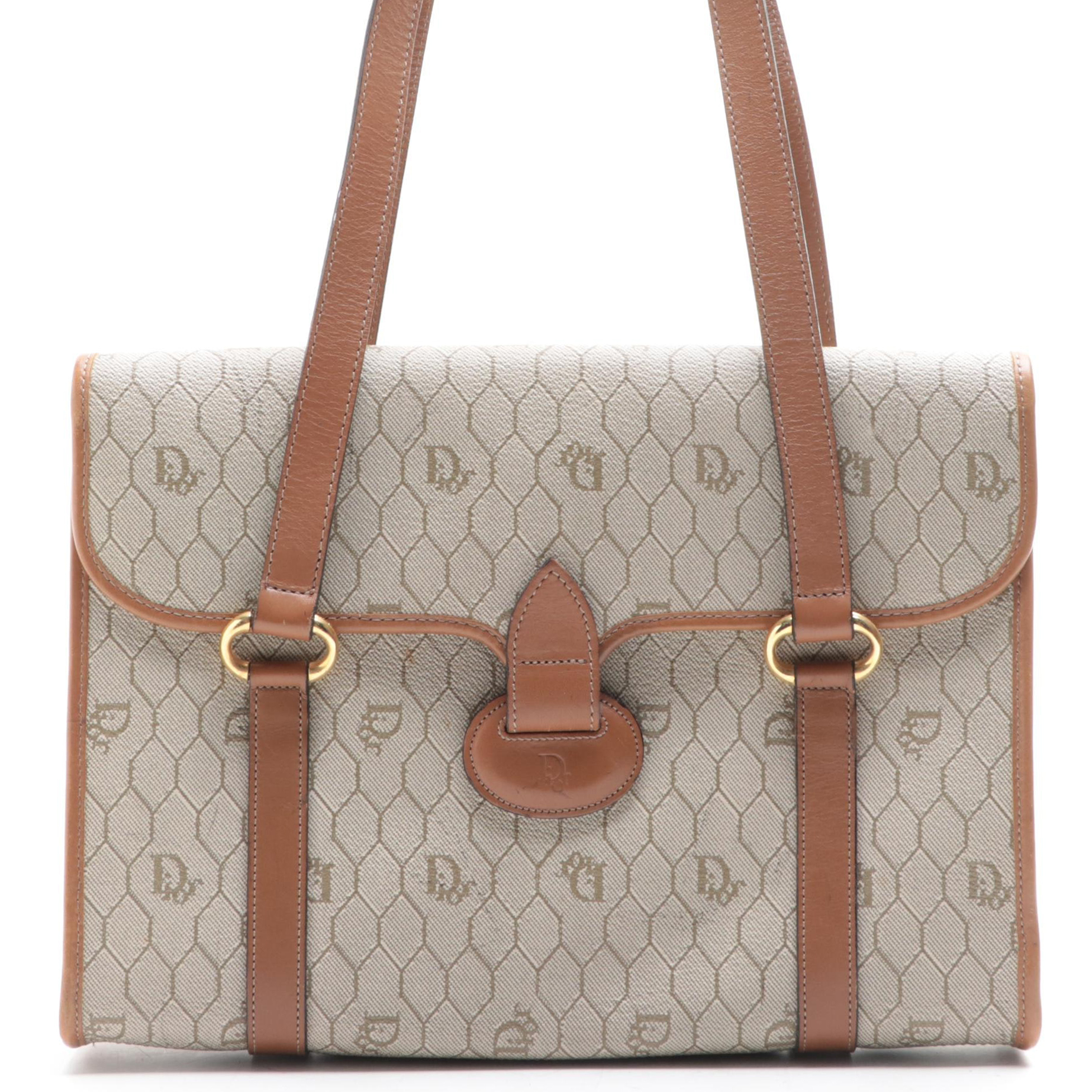 Christian Dior Small Shoulder Bag in Honeycomb Coated Canvas/Brown Leather