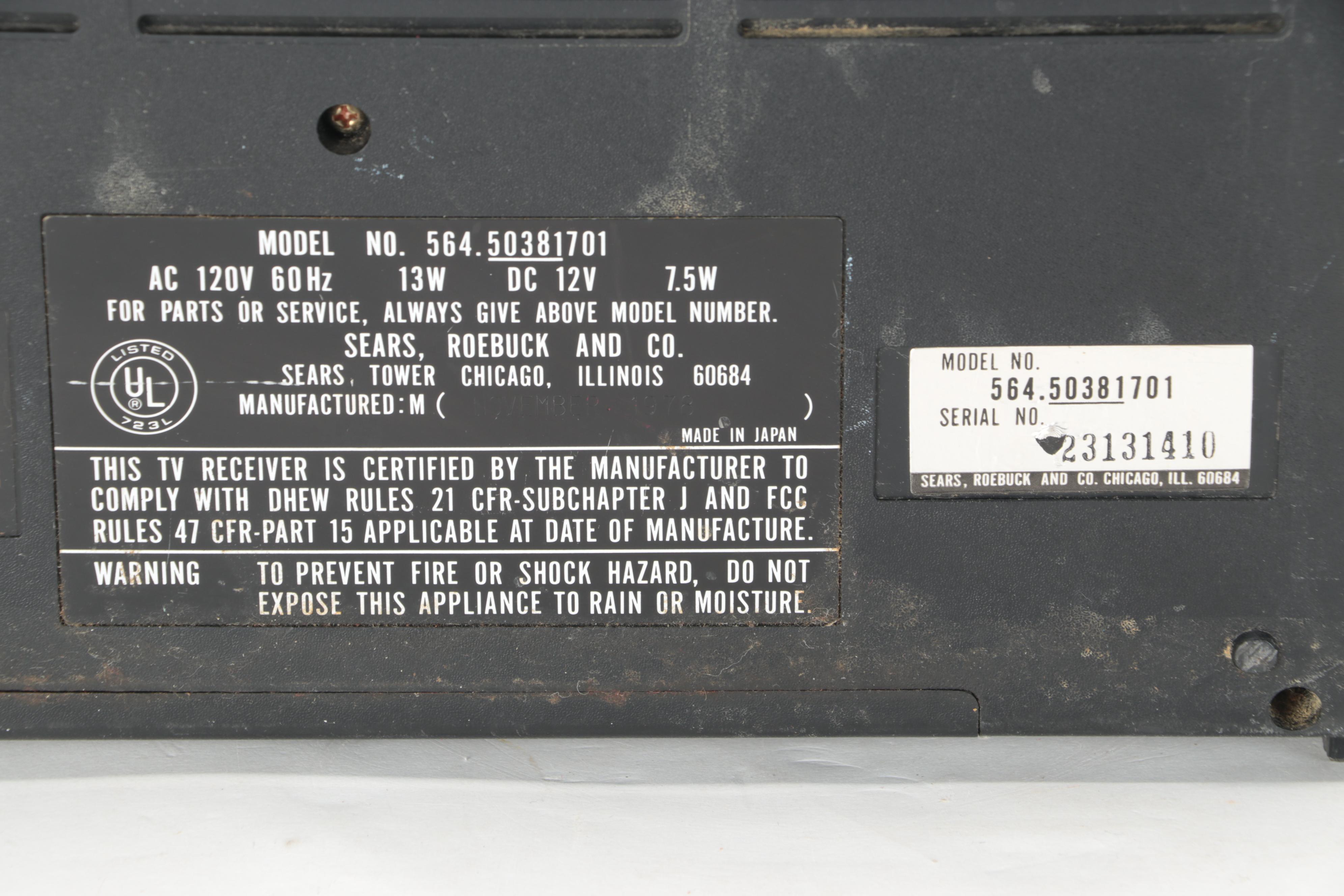 Sears Roebuck Model 564.50381 "Go Anywhere" Portable Television and Radio, 1980s