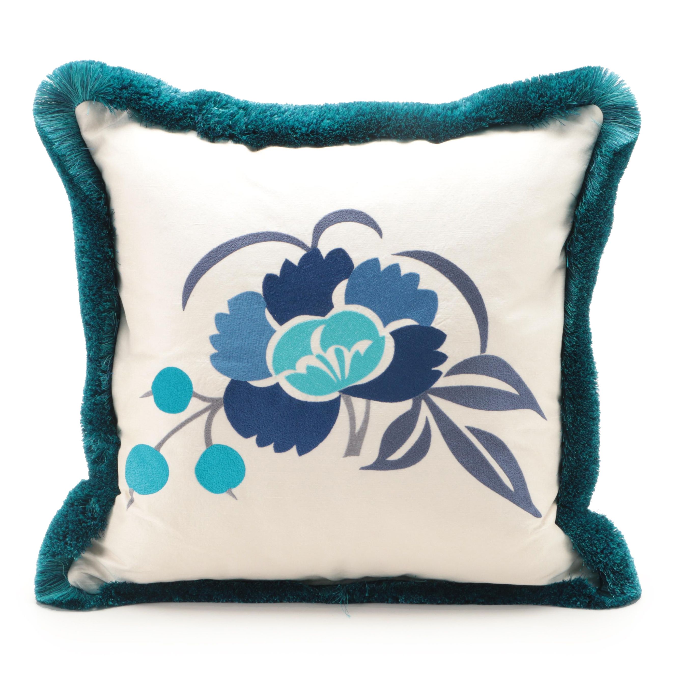 Silk Throw Pillow with Floral Embroidery and Fringe