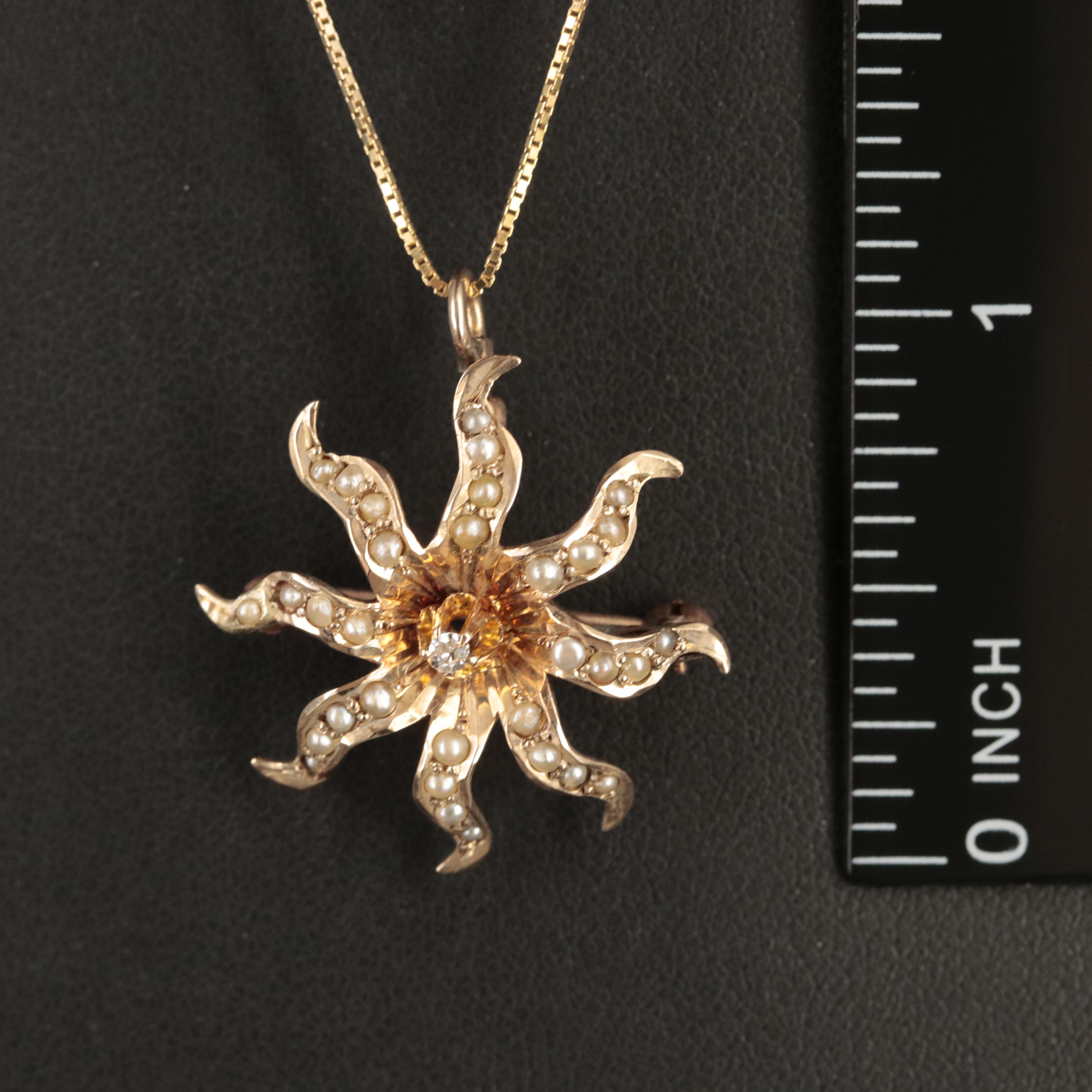 Antique 10K Diamond and Seed Pearl Sunburst Converter Pendant on 14K Box Chain