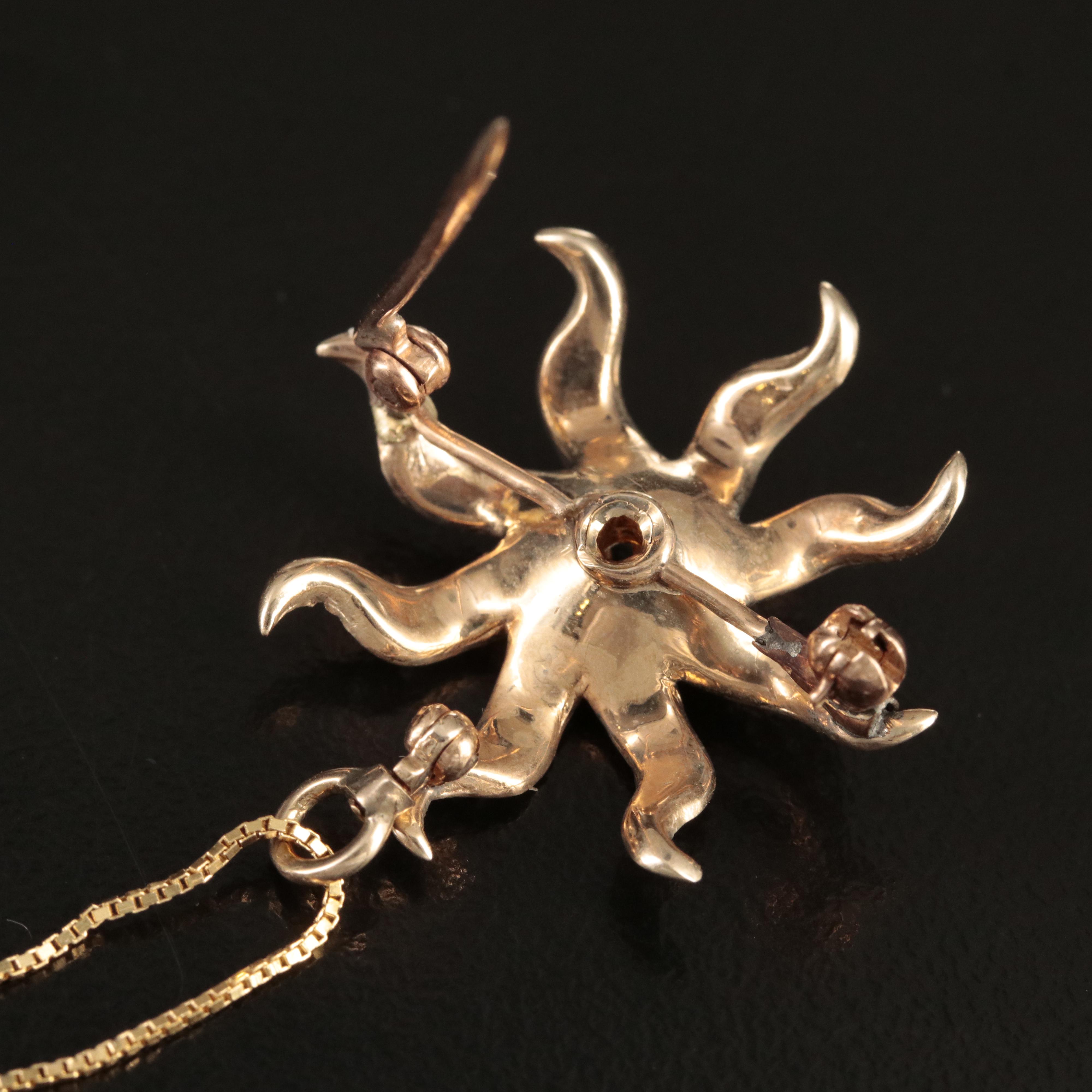 Antique 10K Diamond and Seed Pearl Sunburst Converter Pendant on 14K Box Chain