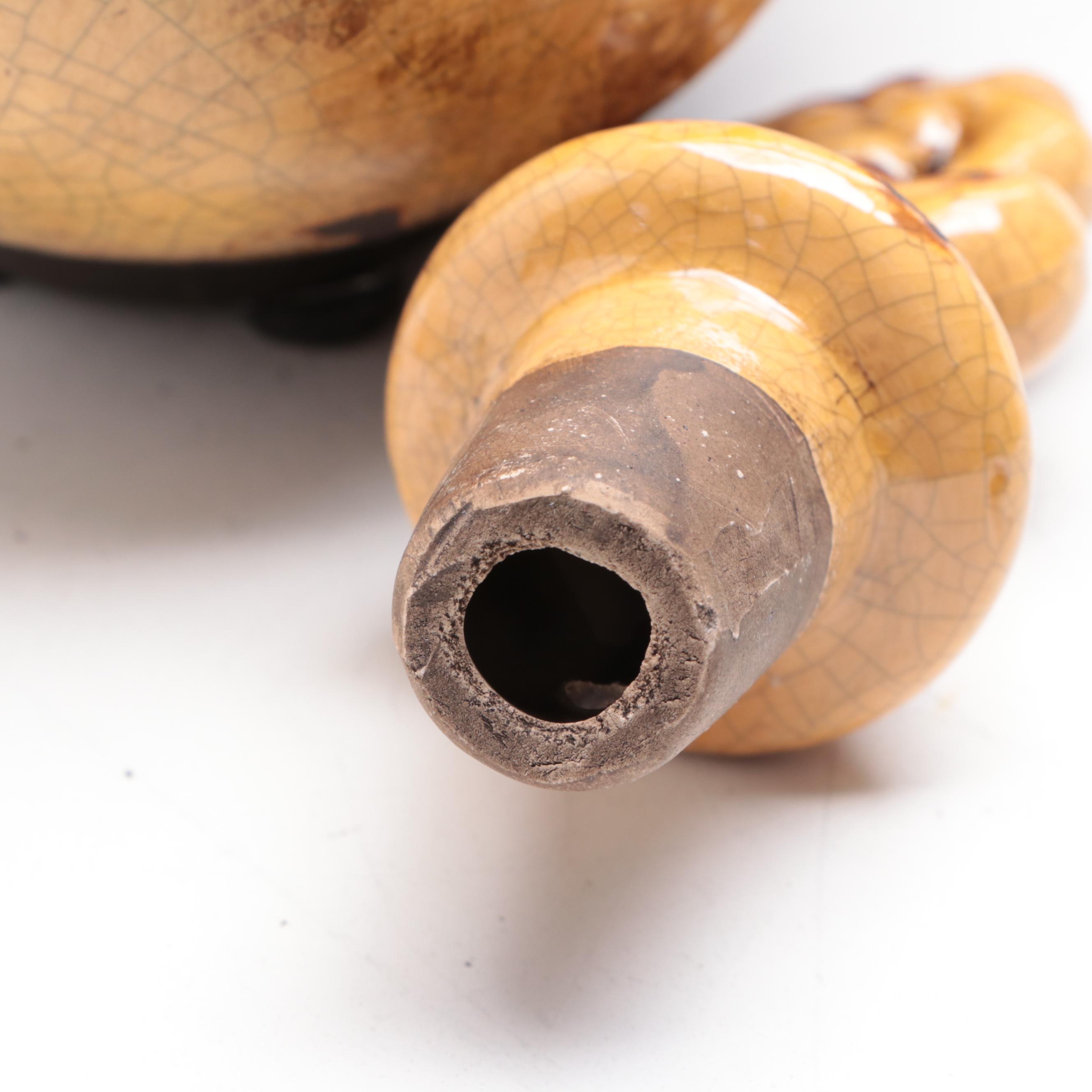 Wooden Box with Rooster Finial, Metal Cache Pot, and Ceramic Jars