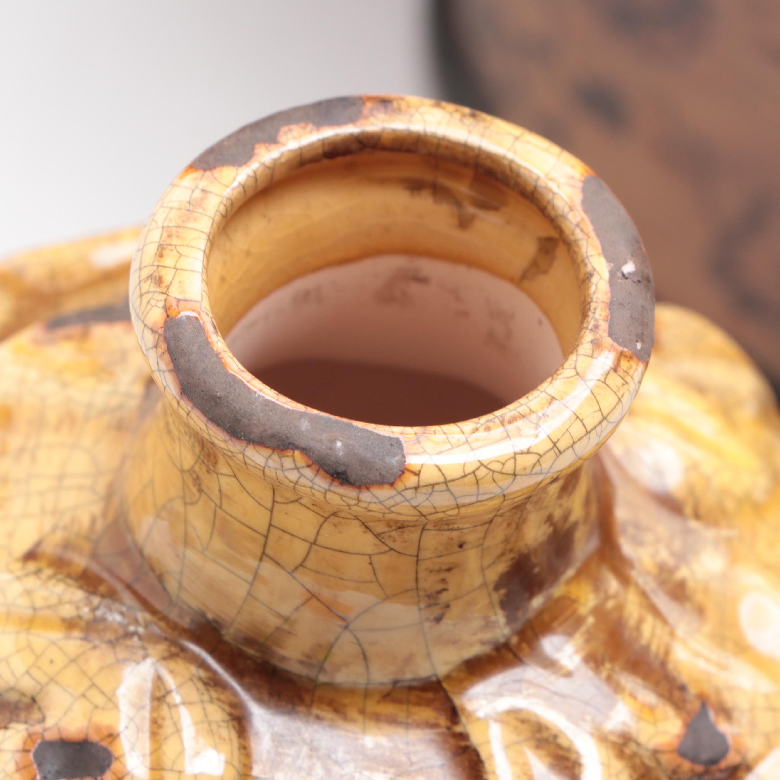 Wooden Box with Rooster Finial, Metal Cache Pot, and Ceramic Jars