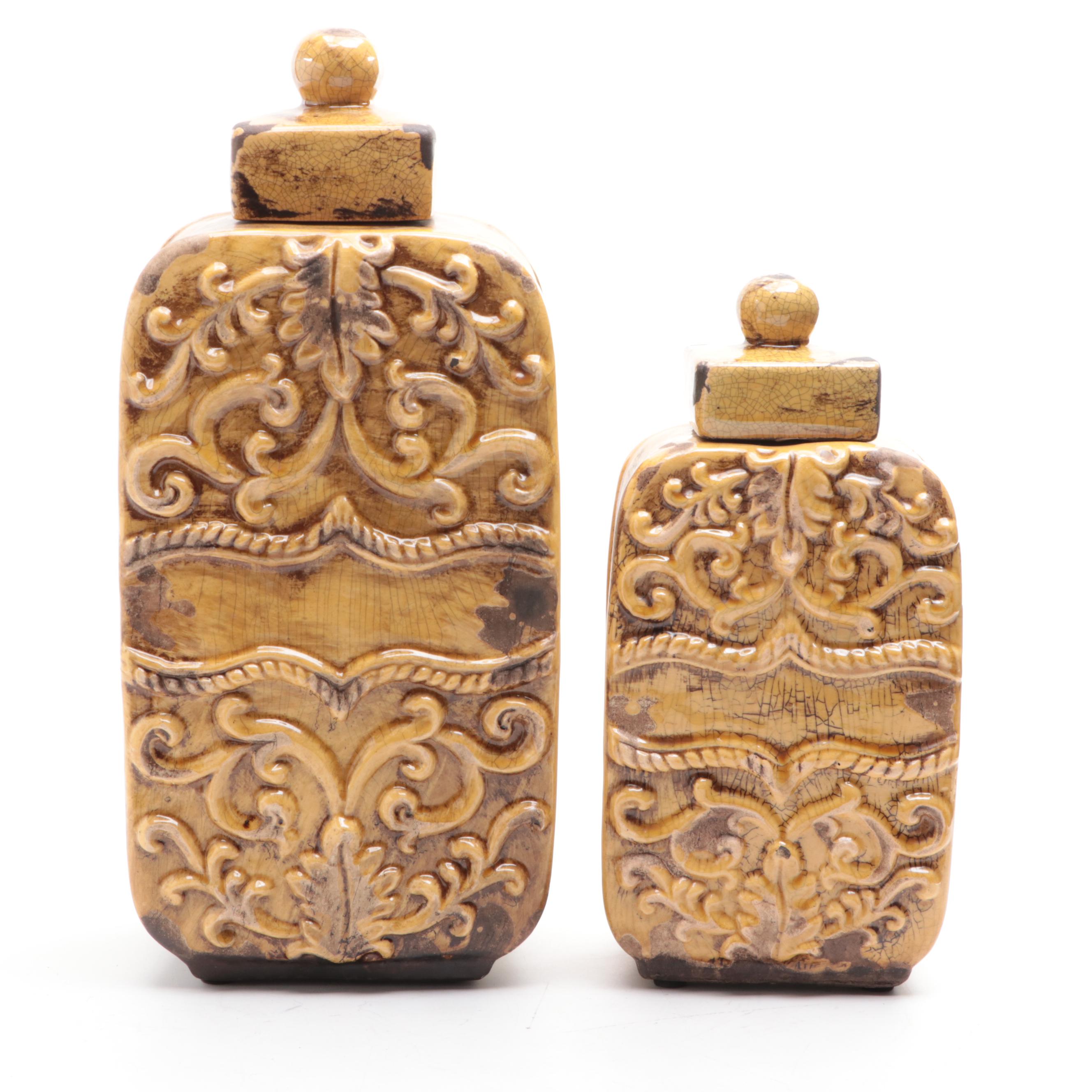 Wooden Box with Rooster Finial, Metal Cache Pot, and Ceramic Jars