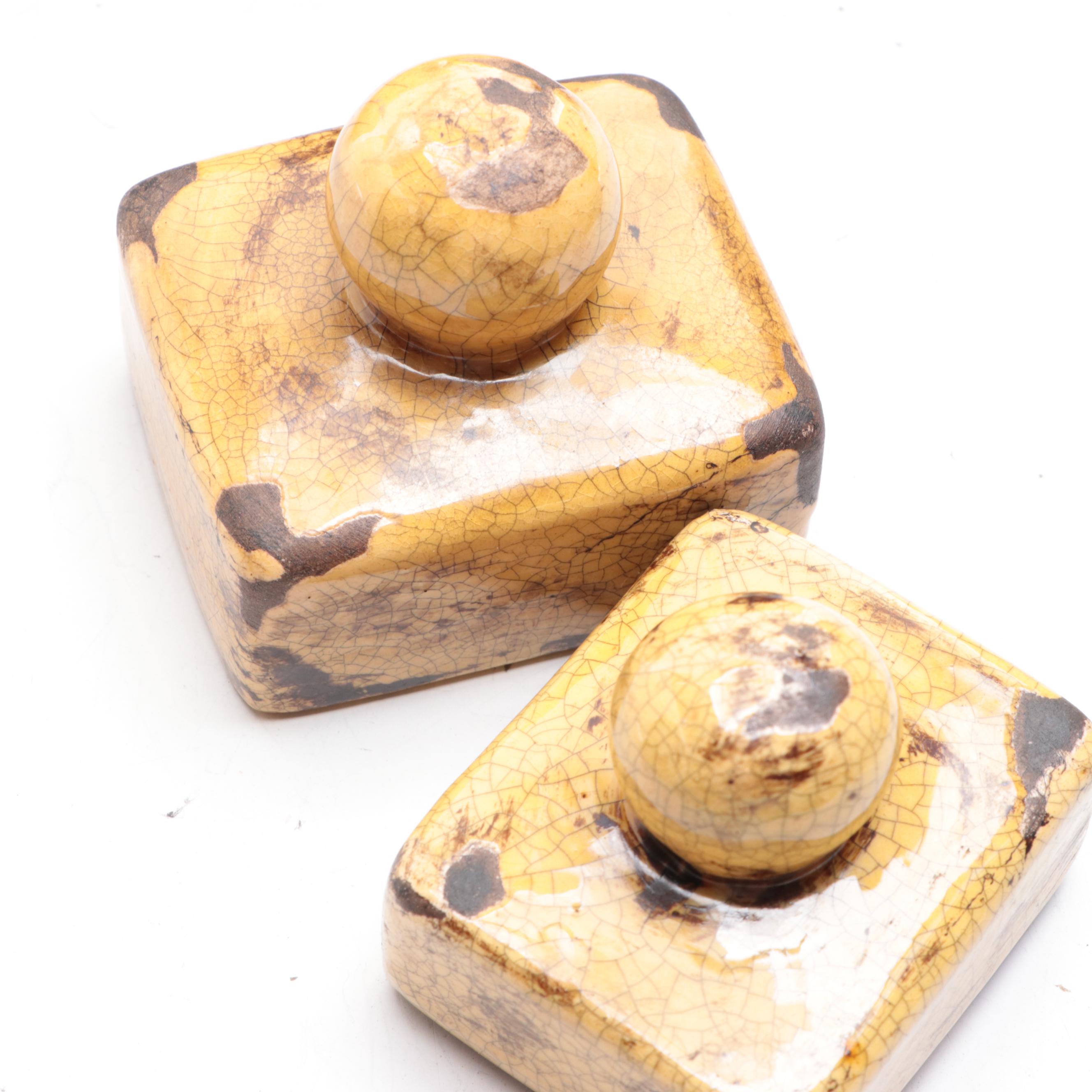 Wooden Box with Rooster Finial, Metal Cache Pot, and Ceramic Jars