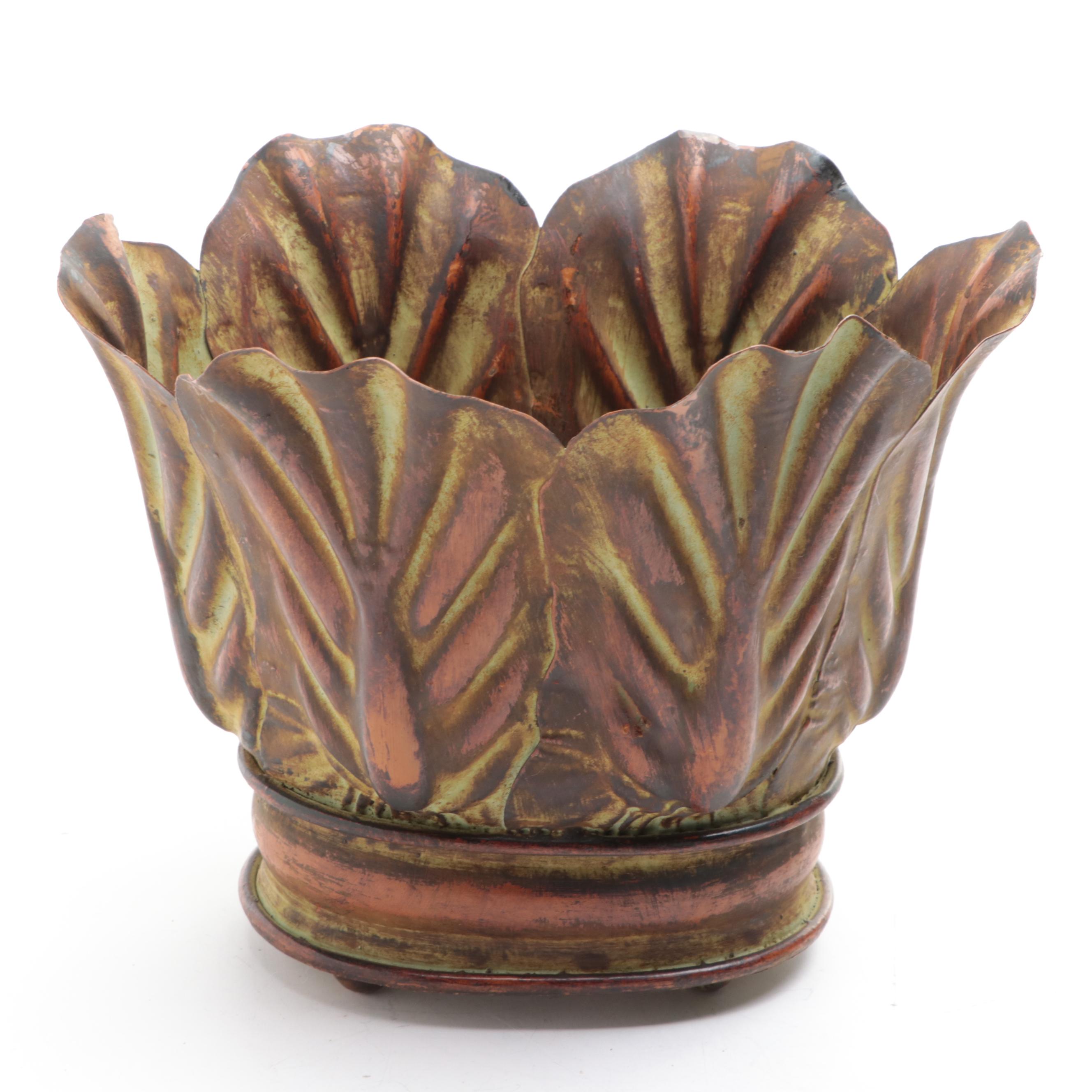 Wooden Box with Rooster Finial, Metal Cache Pot, and Ceramic Jars