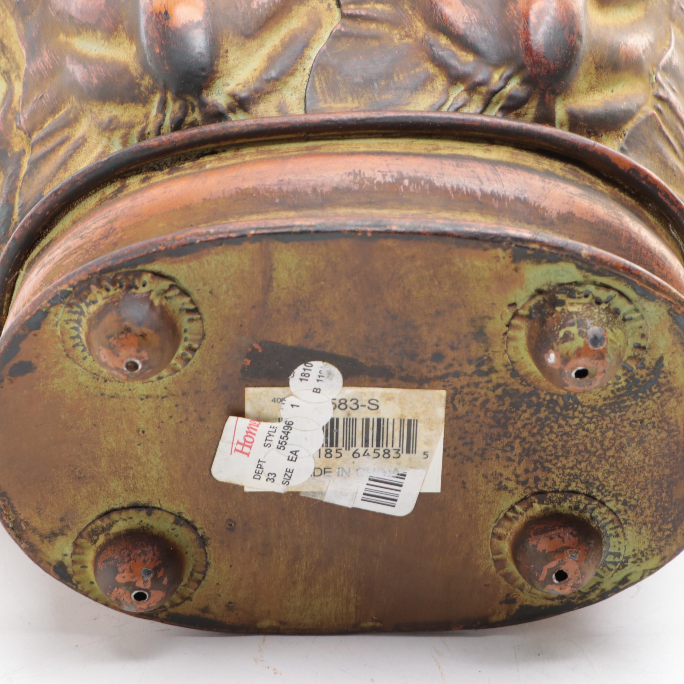 Wooden Box with Rooster Finial, Metal Cache Pot, and Ceramic Jars