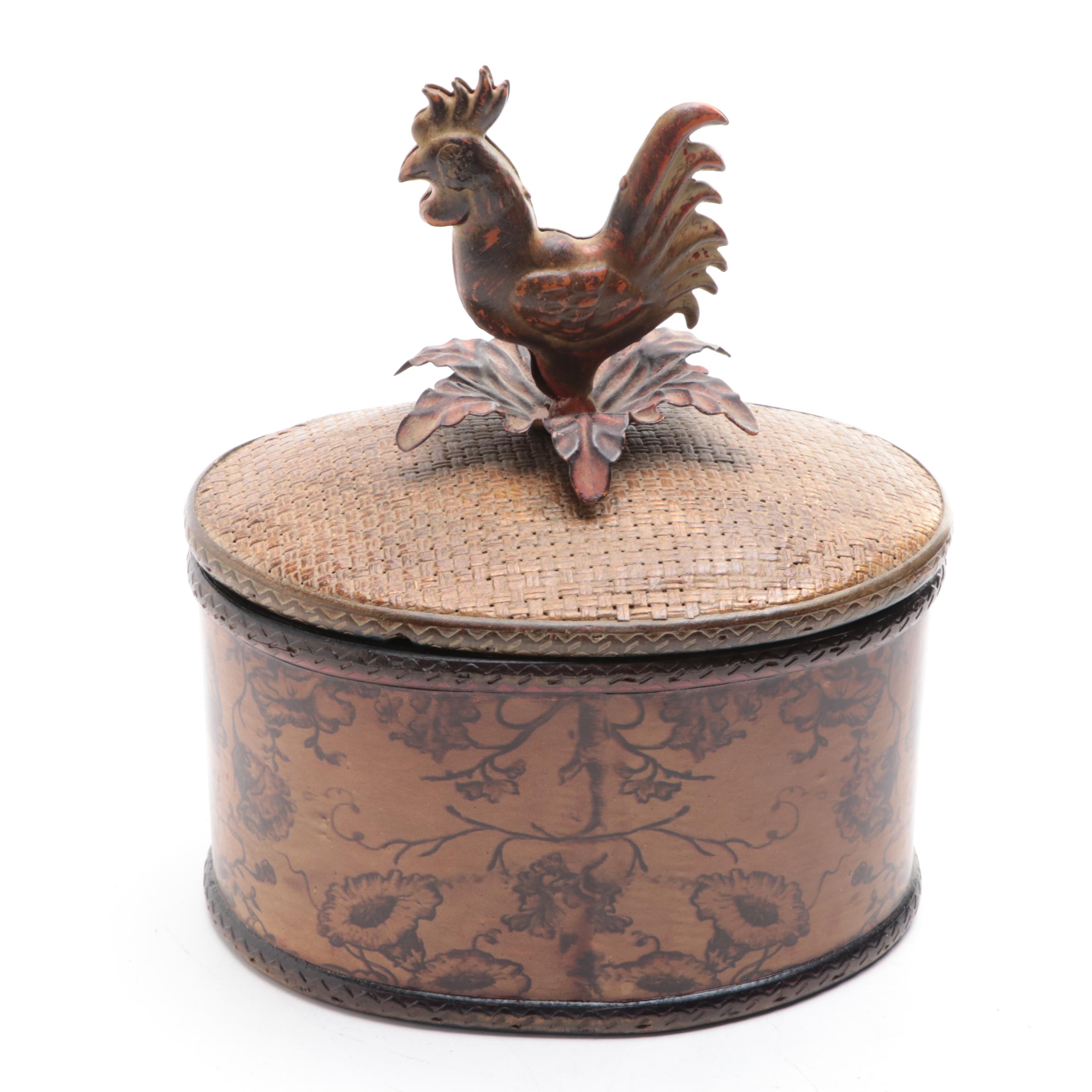 Wooden Box with Rooster Finial, Metal Cache Pot, and Ceramic Jars