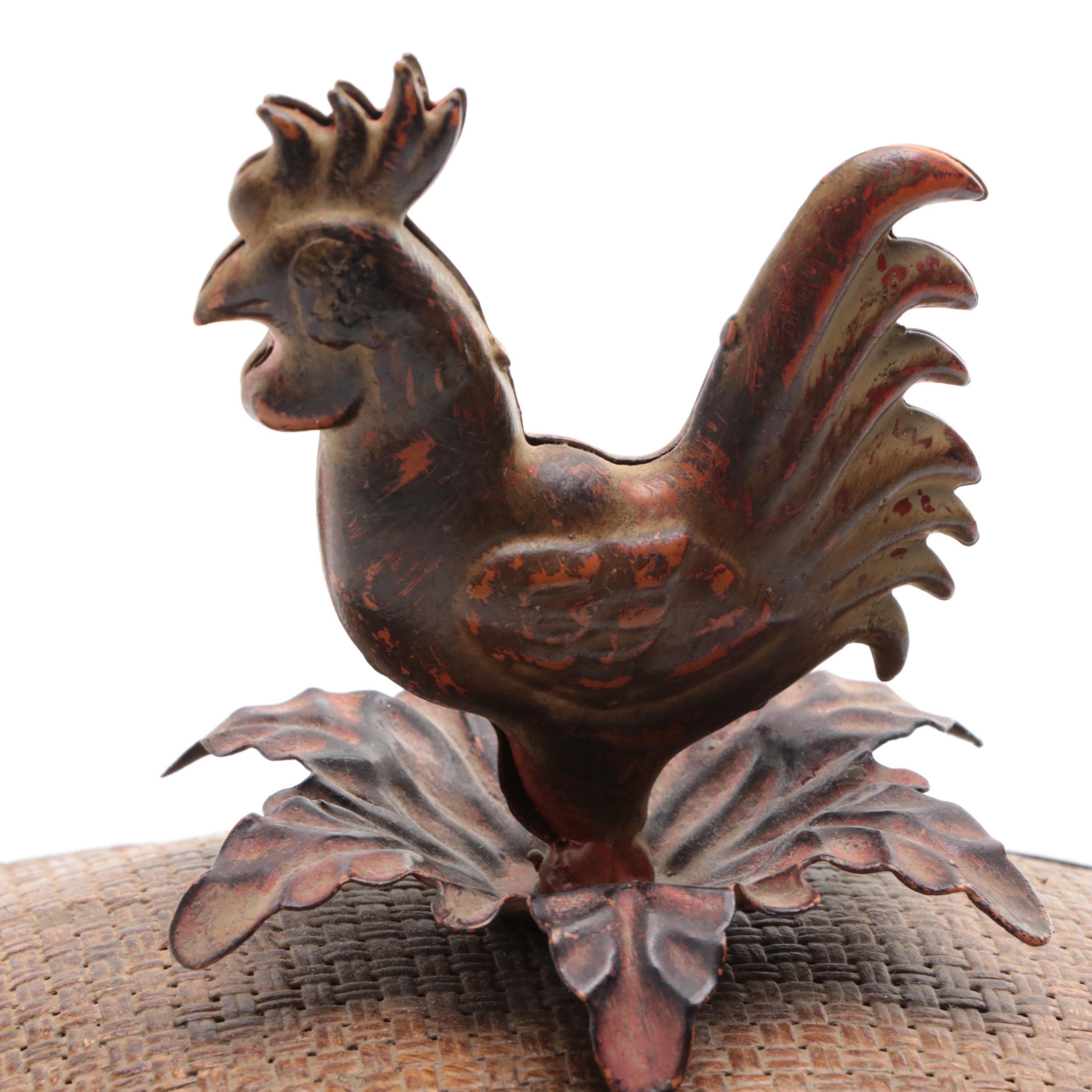 Wooden Box with Rooster Finial, Metal Cache Pot, and Ceramic Jars