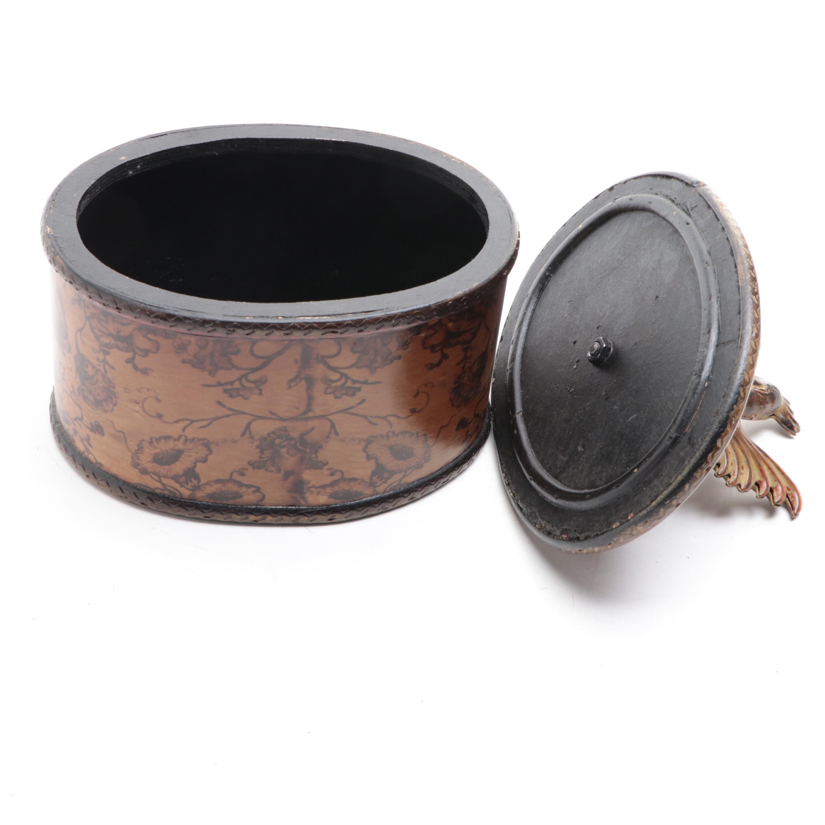 Wooden Box with Rooster Finial, Metal Cache Pot, and Ceramic Jars