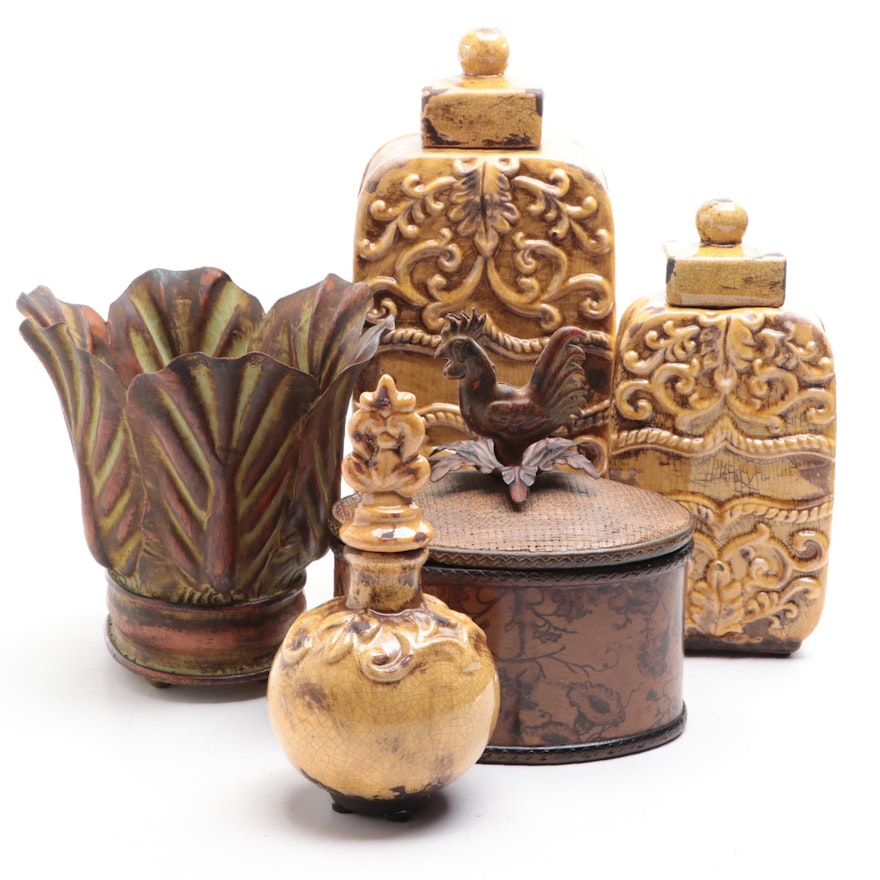 Wooden Box with Rooster Finial, Metal Cache Pot, and Ceramic Jars