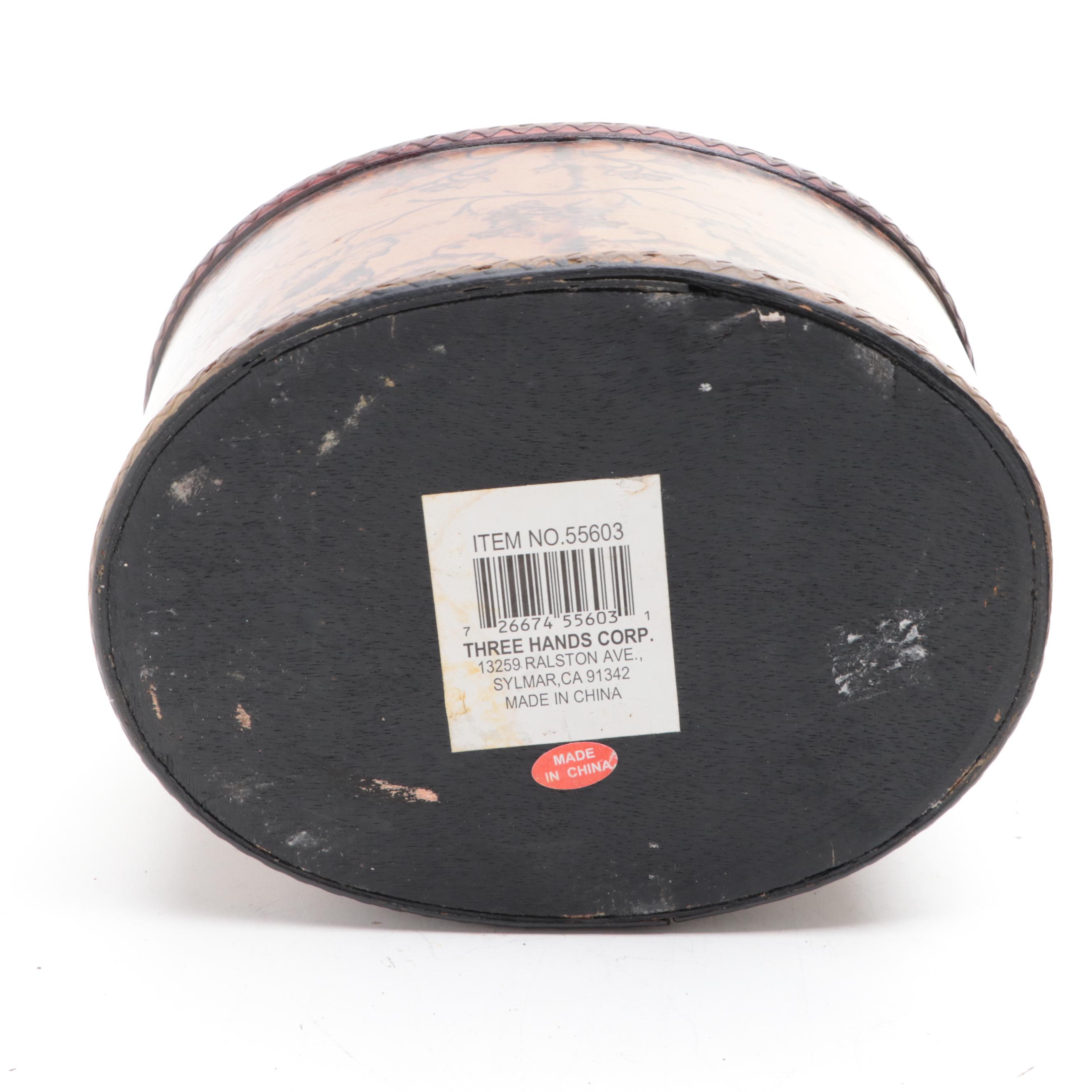 Wooden Box with Rooster Finial, Metal Cache Pot, and Ceramic Jars