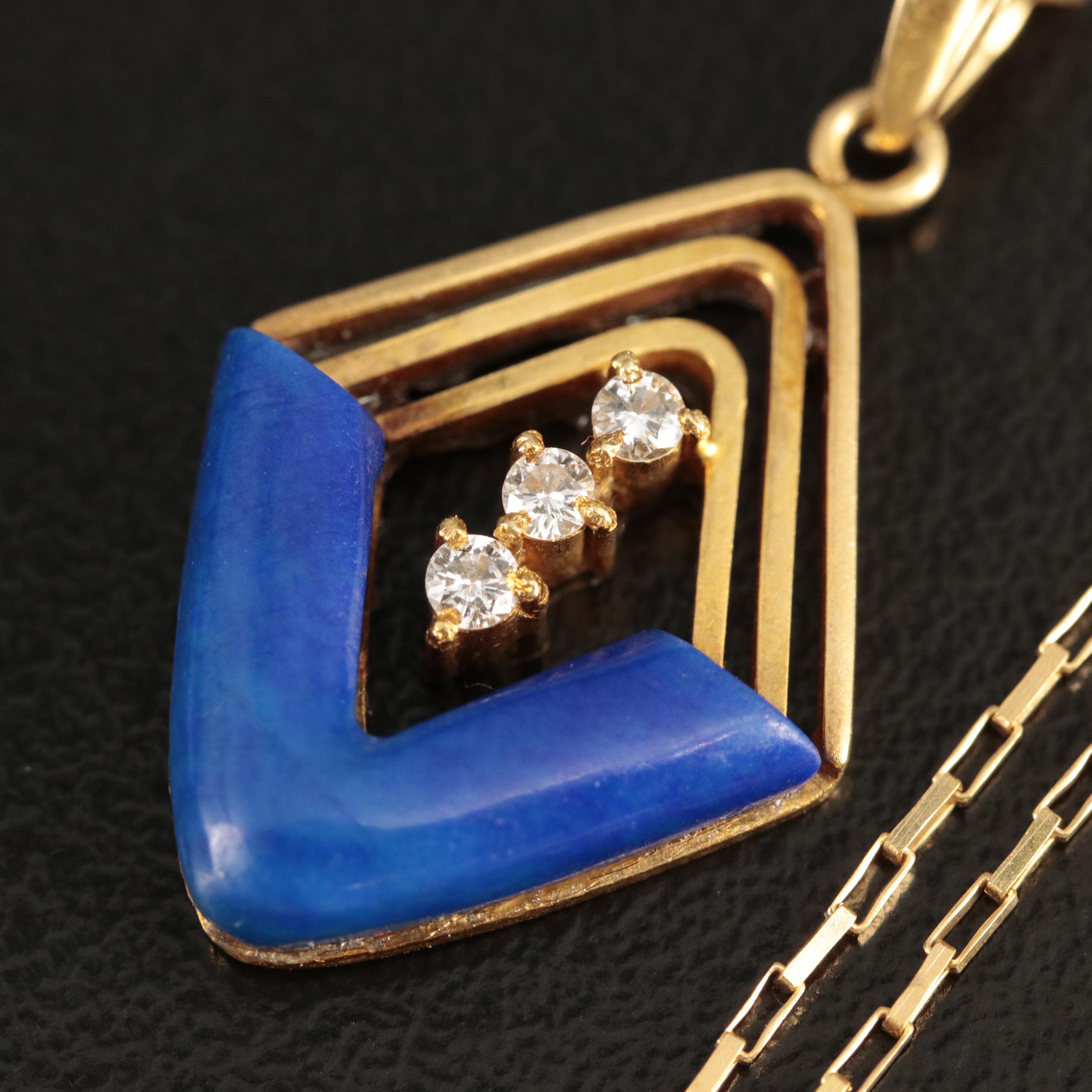 14K and 18K Lapis Lazuli and Diamond Pendant Necklace