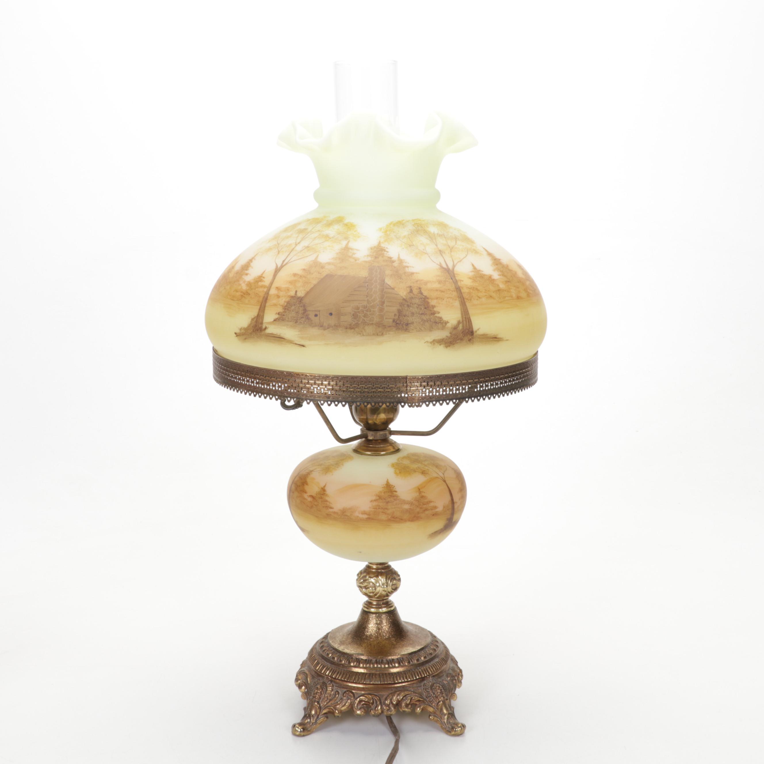 Fenton Hand-Painted Custard Glass Parlor Lamp, Burmese Satin Vase, Rose Bowl