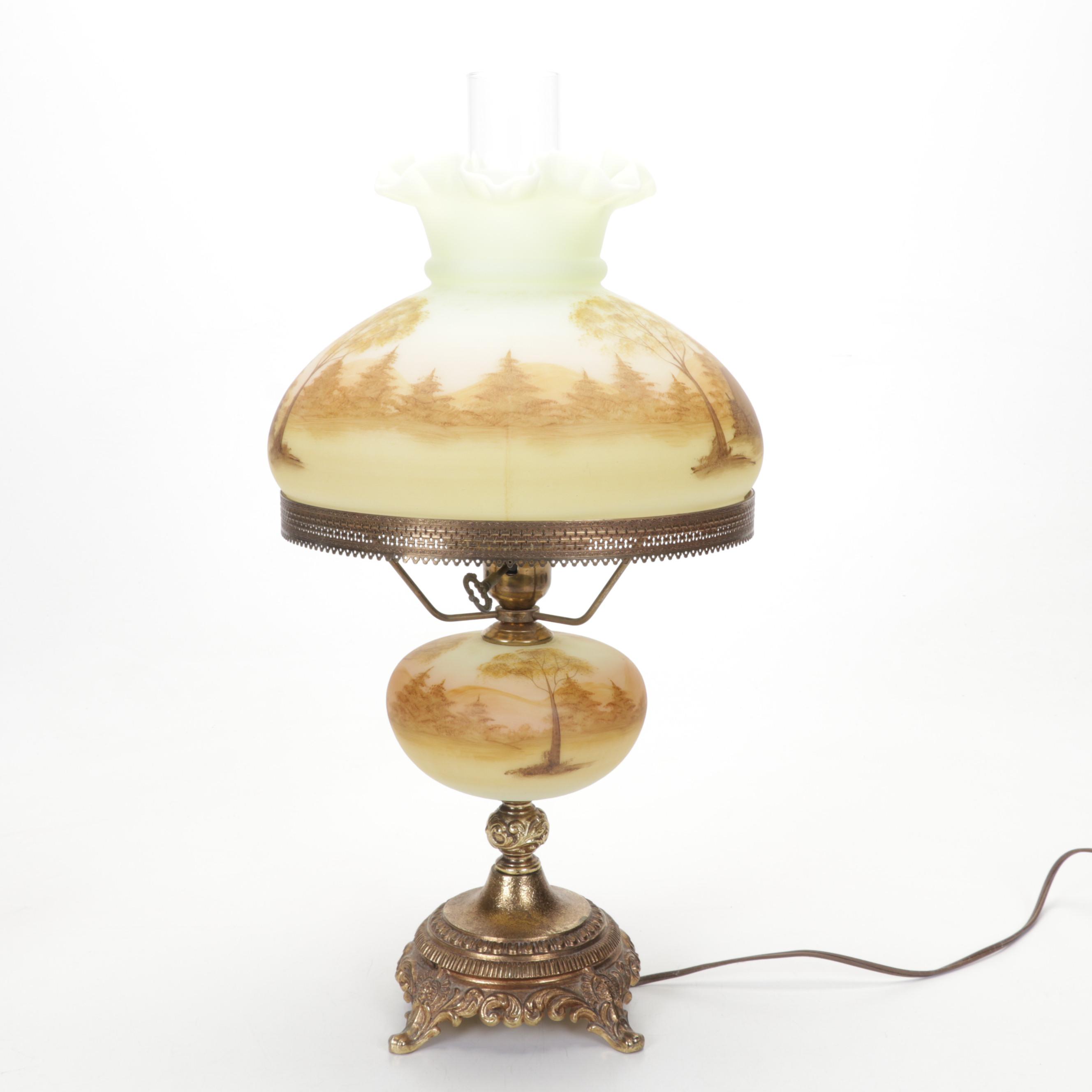 Fenton Hand-Painted Custard Glass Parlor Lamp, Burmese Satin Vase, Rose Bowl