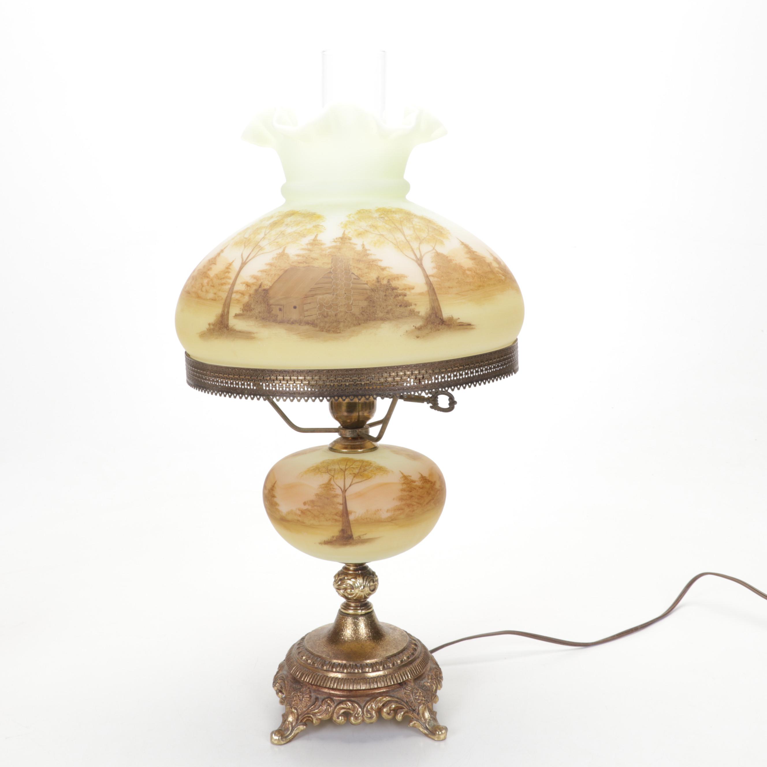 Fenton Hand-Painted Custard Glass Parlor Lamp, Burmese Satin Vase, Rose Bowl