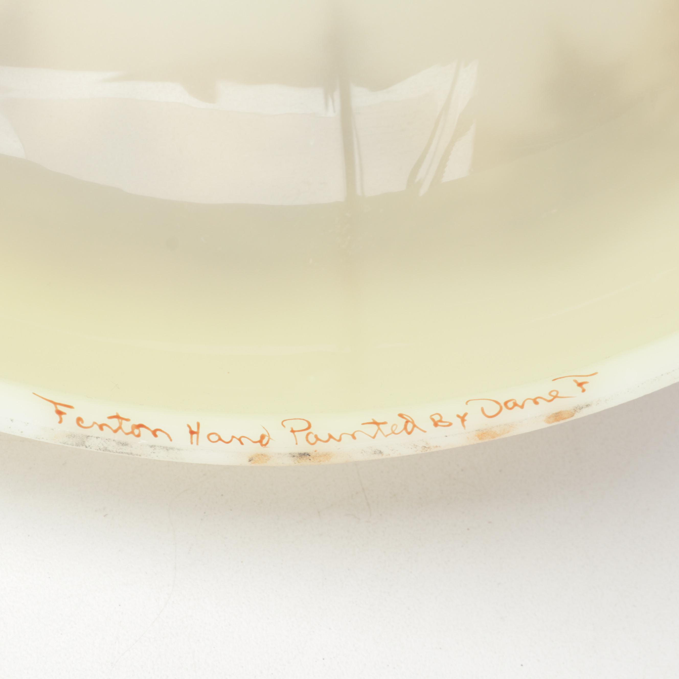 Fenton Hand-Painted Custard Glass Parlor Lamp, Burmese Satin Vase, Rose Bowl