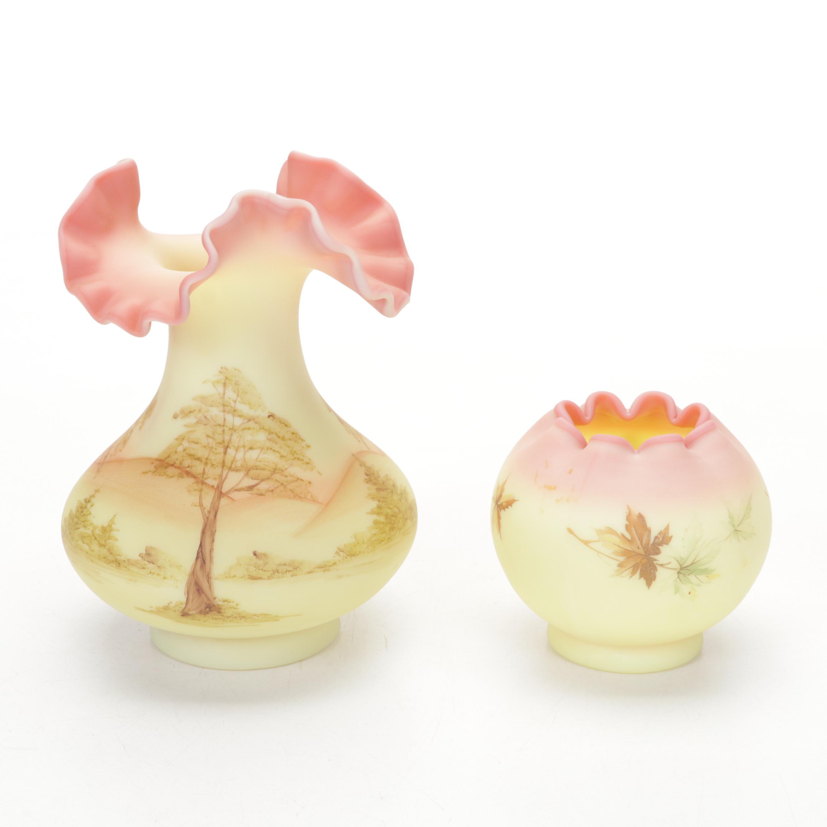 Fenton Hand-Painted Custard Glass Parlor Lamp, Burmese Satin Vase, Rose Bowl