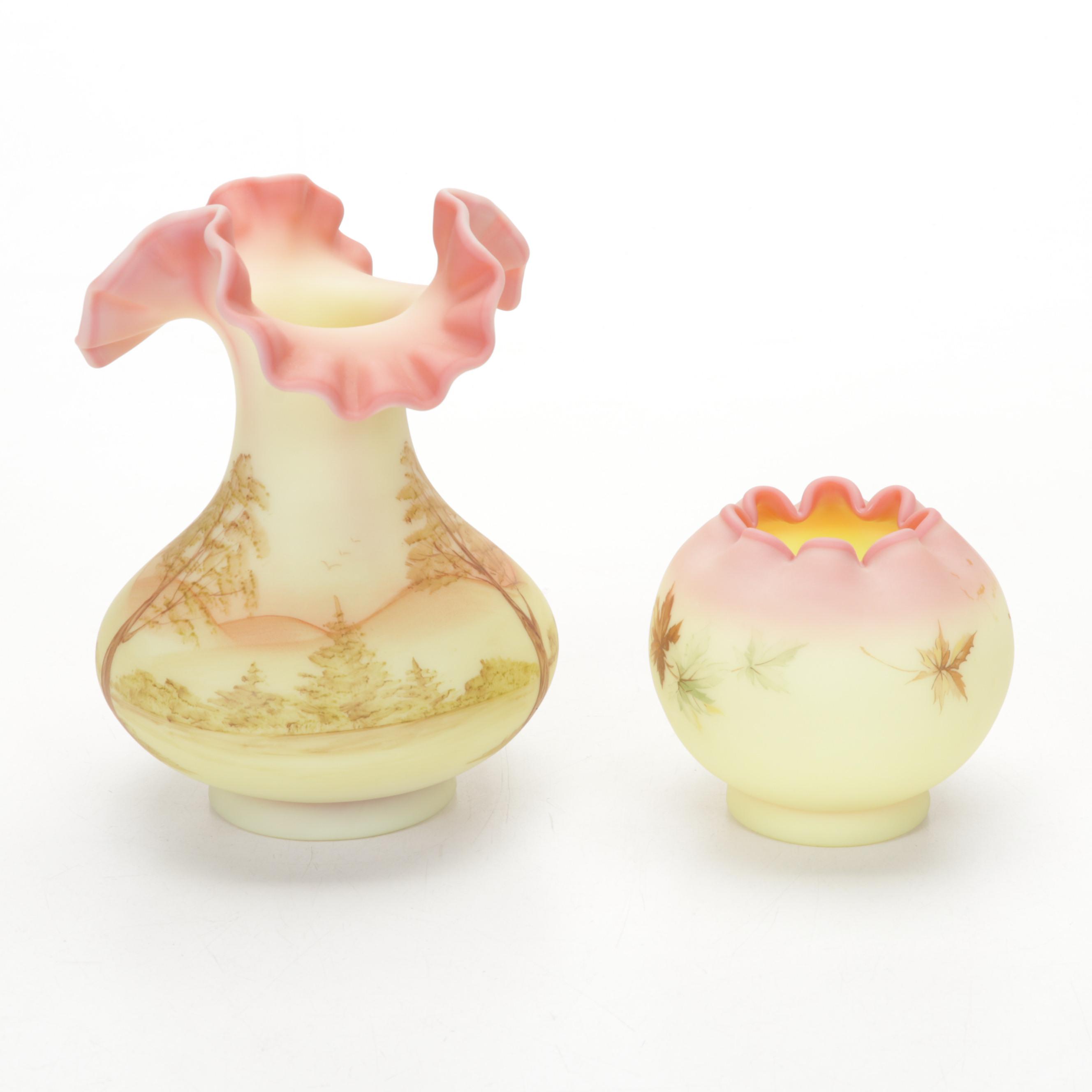 Fenton Hand-Painted Custard Glass Parlor Lamp, Burmese Satin Vase, Rose Bowl