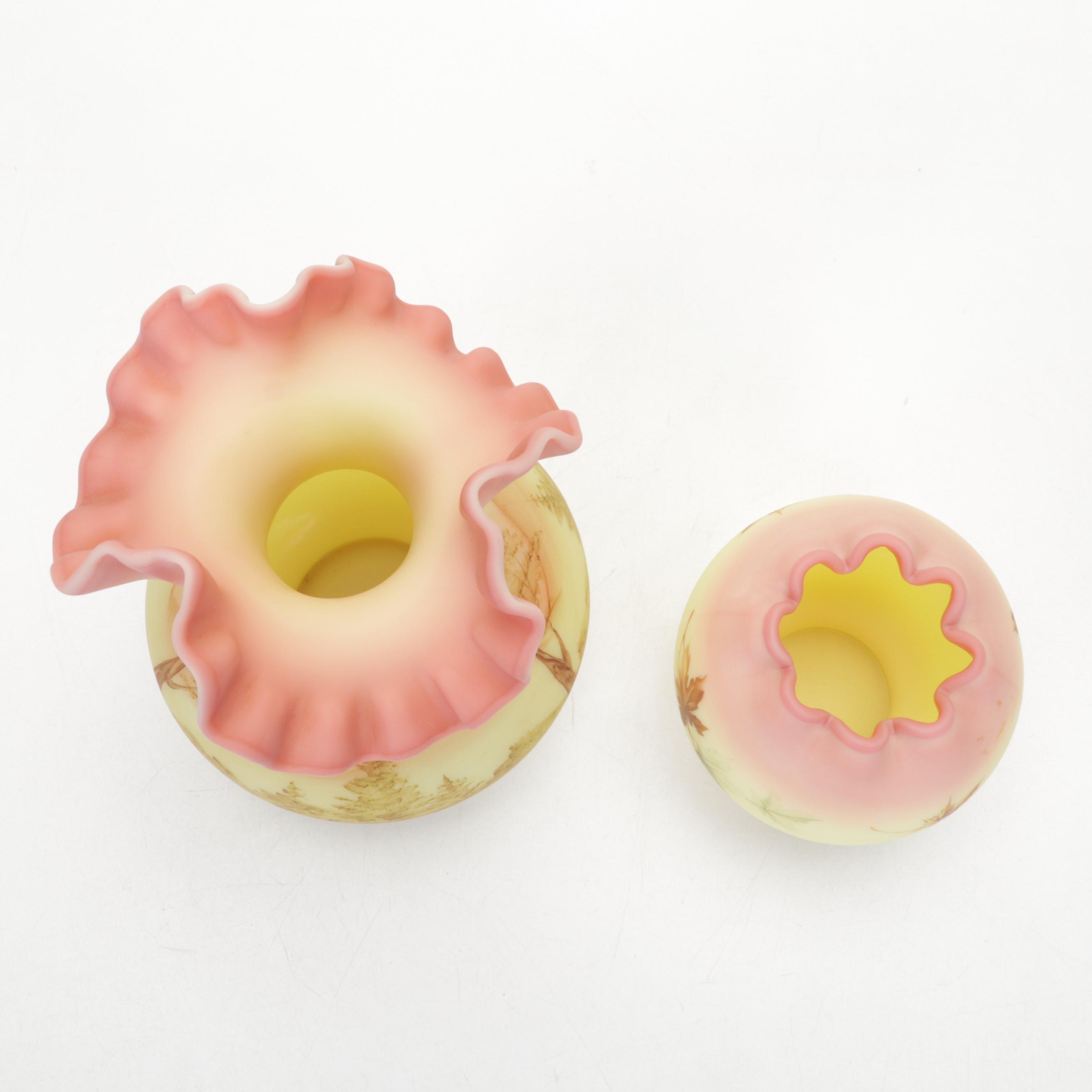 Fenton Hand-Painted Custard Glass Parlor Lamp, Burmese Satin Vase, Rose Bowl