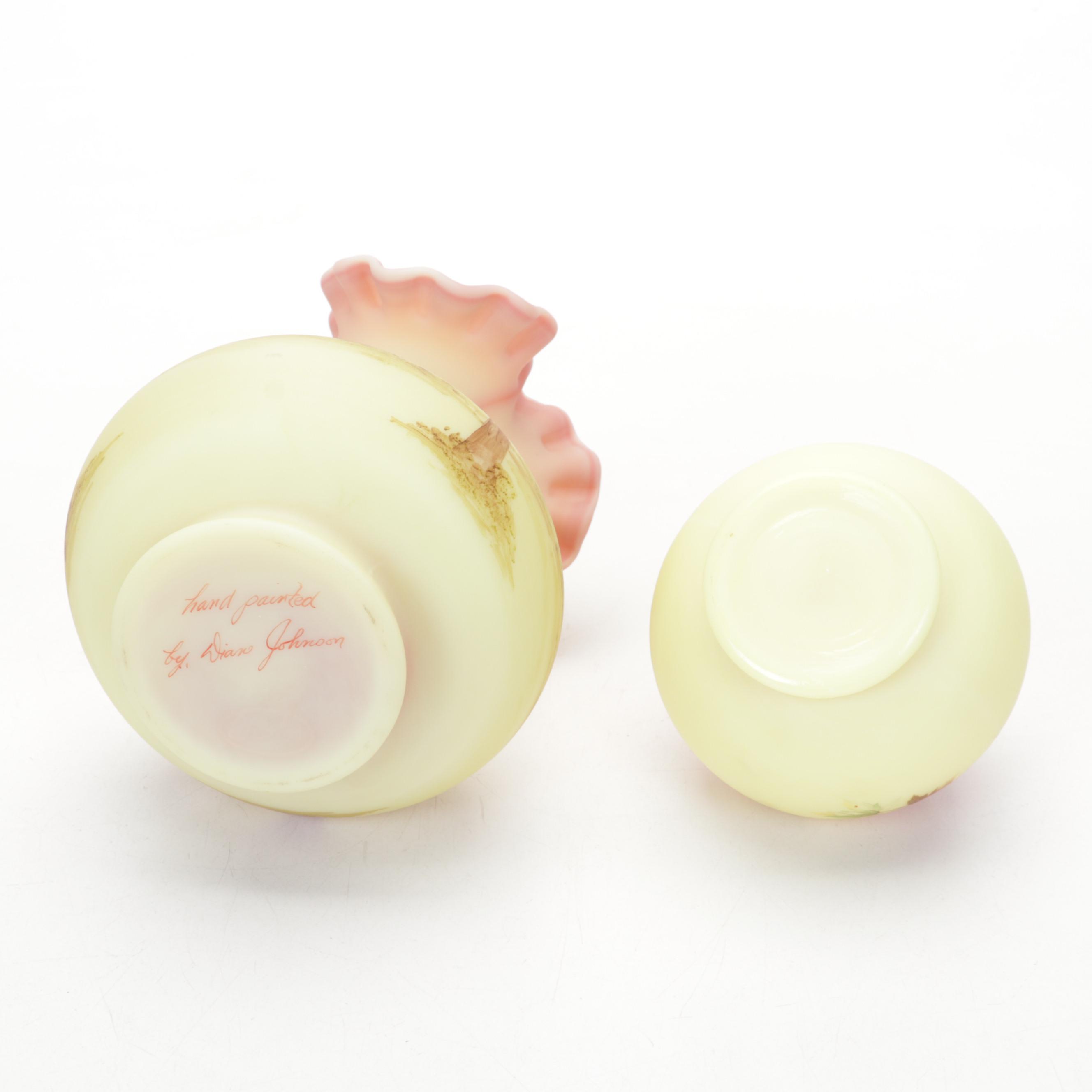 Fenton Hand-Painted Custard Glass Parlor Lamp, Burmese Satin Vase, Rose Bowl