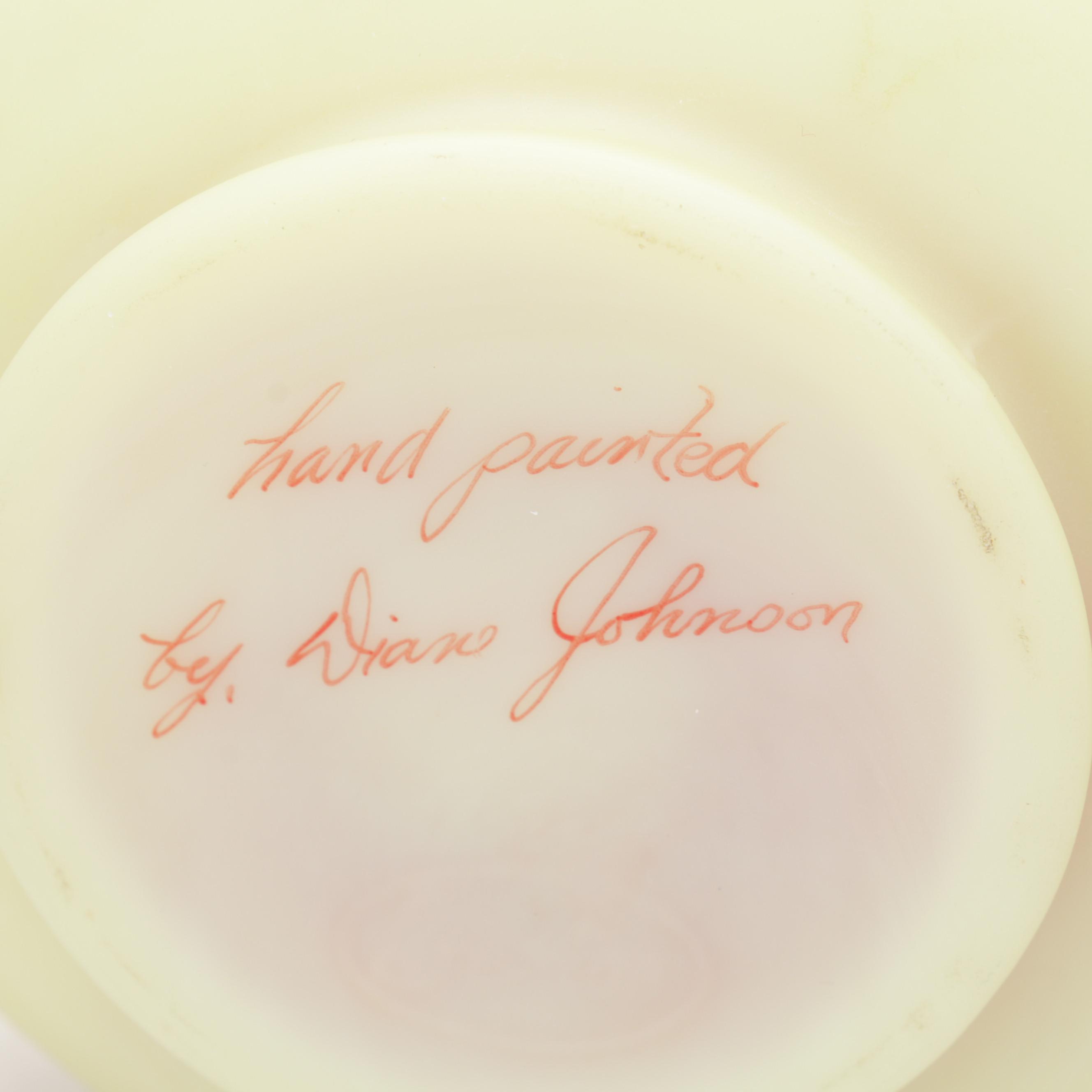 Fenton Hand-Painted Custard Glass Parlor Lamp, Burmese Satin Vase, Rose Bowl