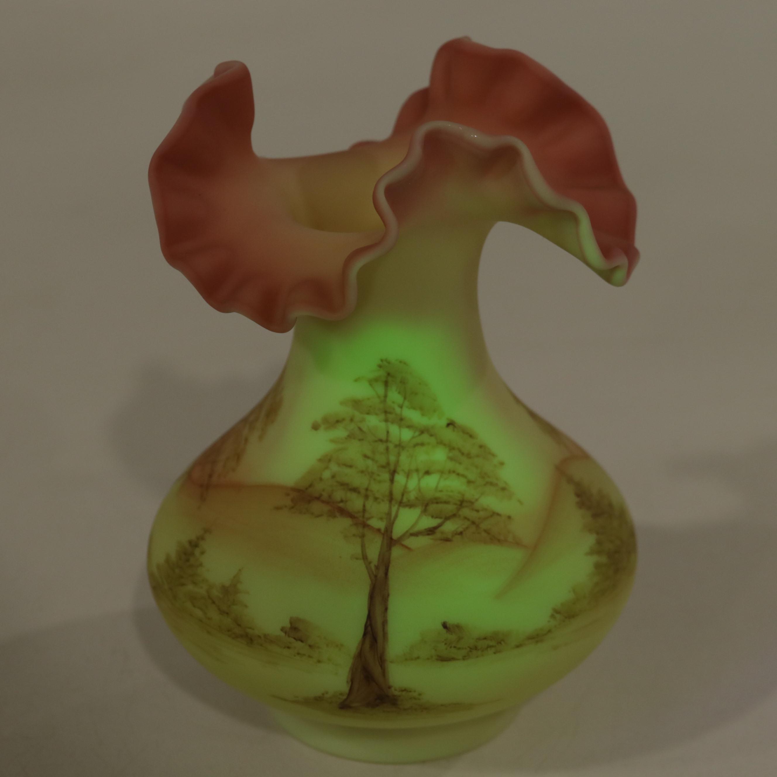 Fenton Hand-Painted Custard Glass Parlor Lamp, Burmese Satin Vase, Rose Bowl