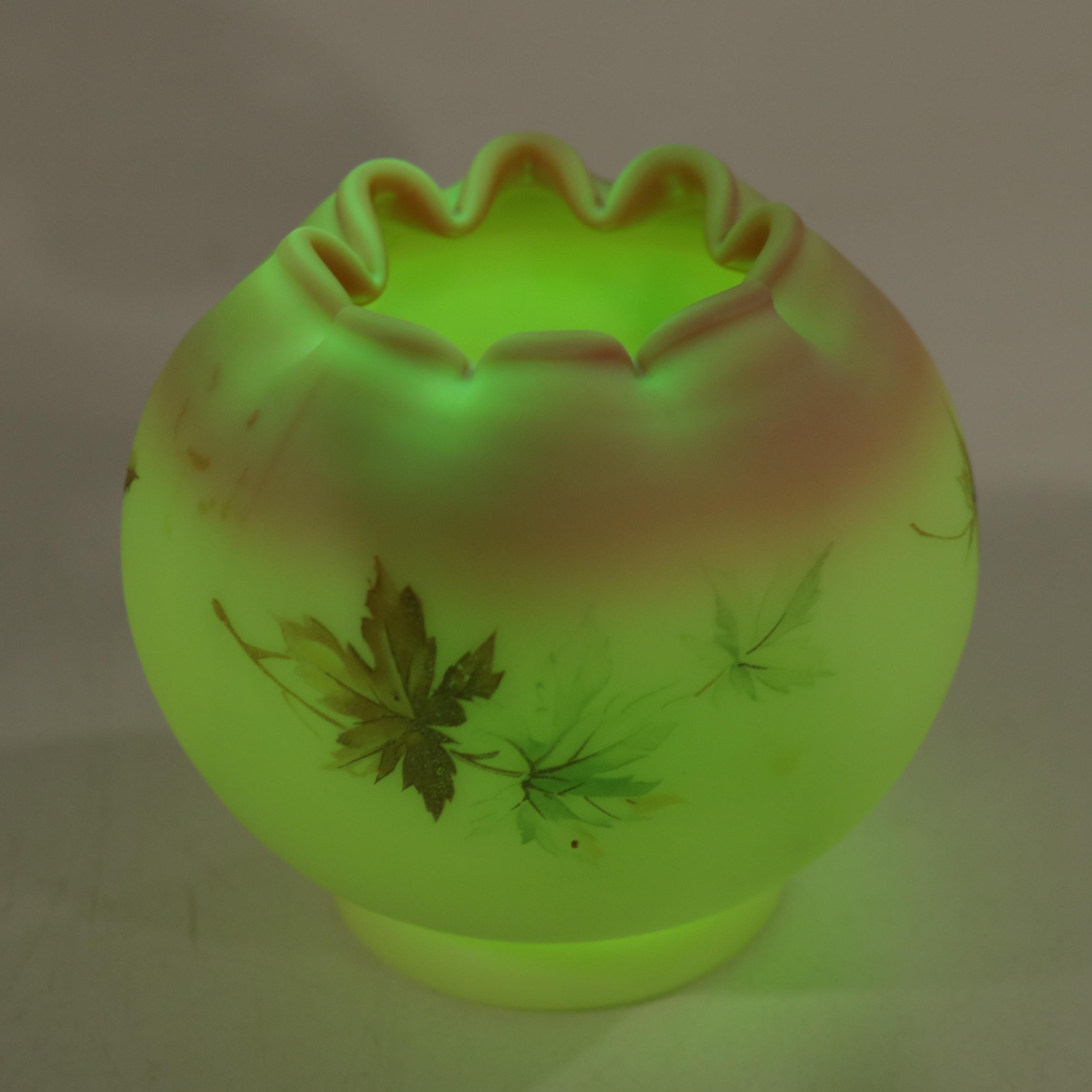 Fenton Hand-Painted Custard Glass Parlor Lamp, Burmese Satin Vase, Rose Bowl