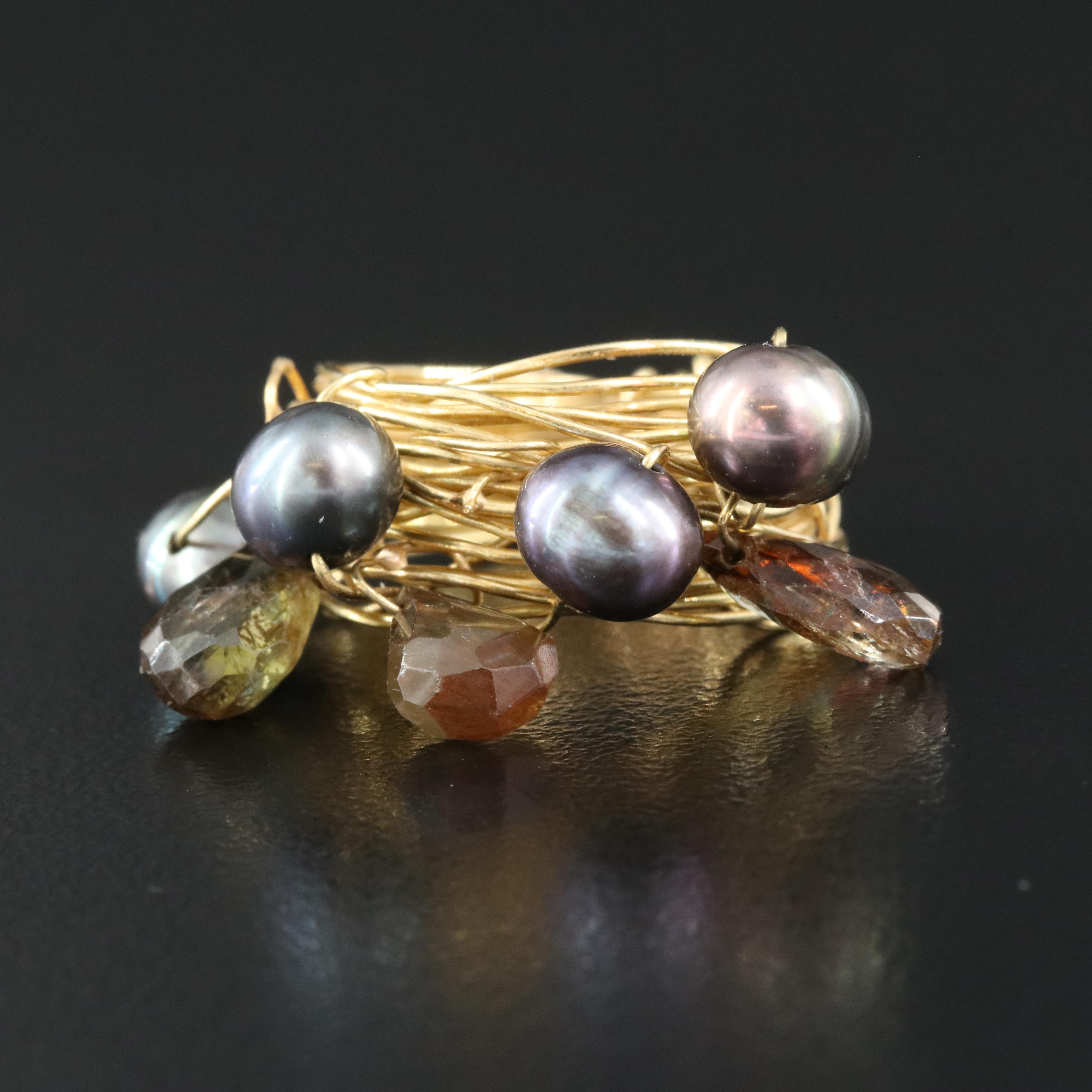 14K Andalusite and Pearl Wire Wrap Ring