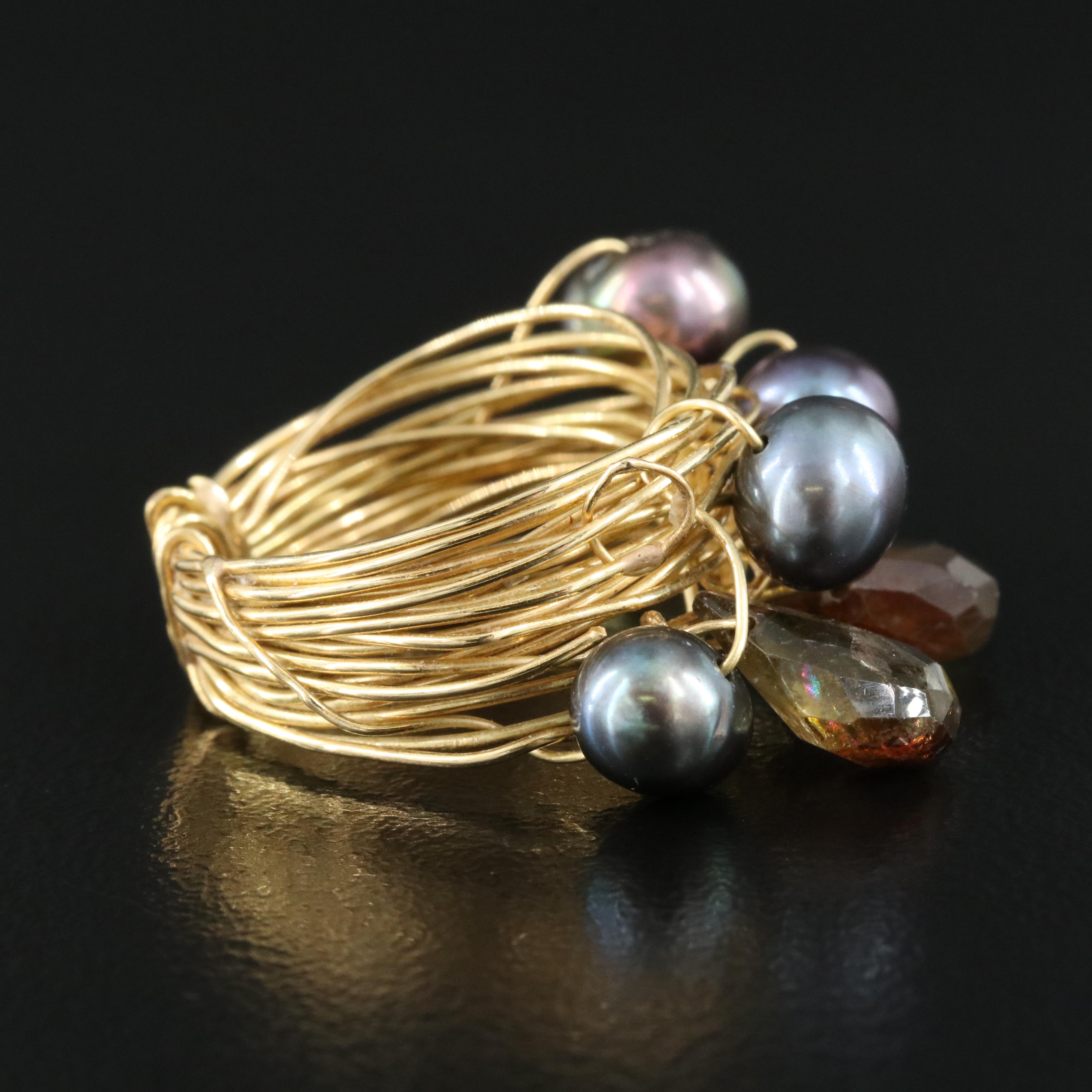 14K Andalusite and Pearl Wire Wrap Ring